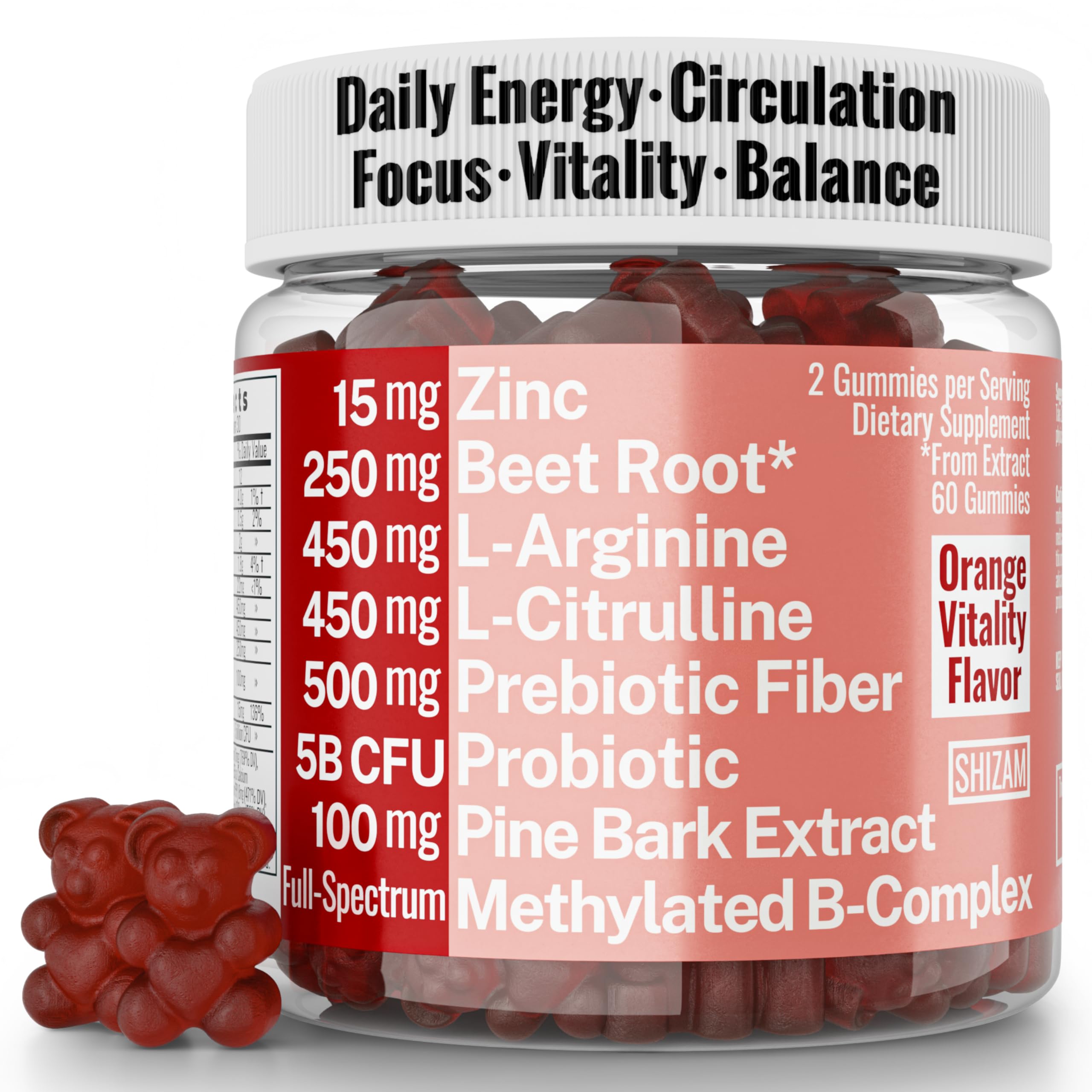 Pine Bark Extract L-Arginine L-Citrulline Beetroot Probiotic Fiber Methylated B Complex Zinc Gummies for Women Men Adults Kids w. Chicory Root Inulin 5-MTHF B6 P5P Powder Capsule Pill Supplement Alt SHIZAM uk supplements