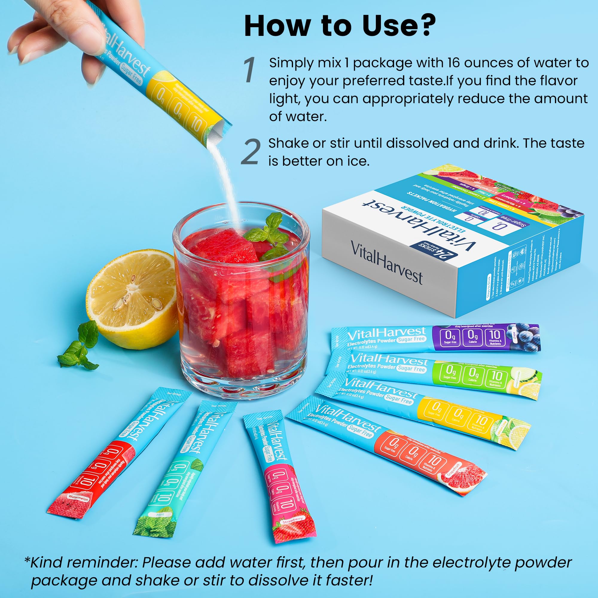 24 Sticks Electrolytes Powder Packets 7 Flavors Sugar Free Hydration Packets Liquid Daily IV Drink Mix, Low Sodium, Lemon Lime, Watermelon, Strawberry, Grape VitalHarvest uk supplements