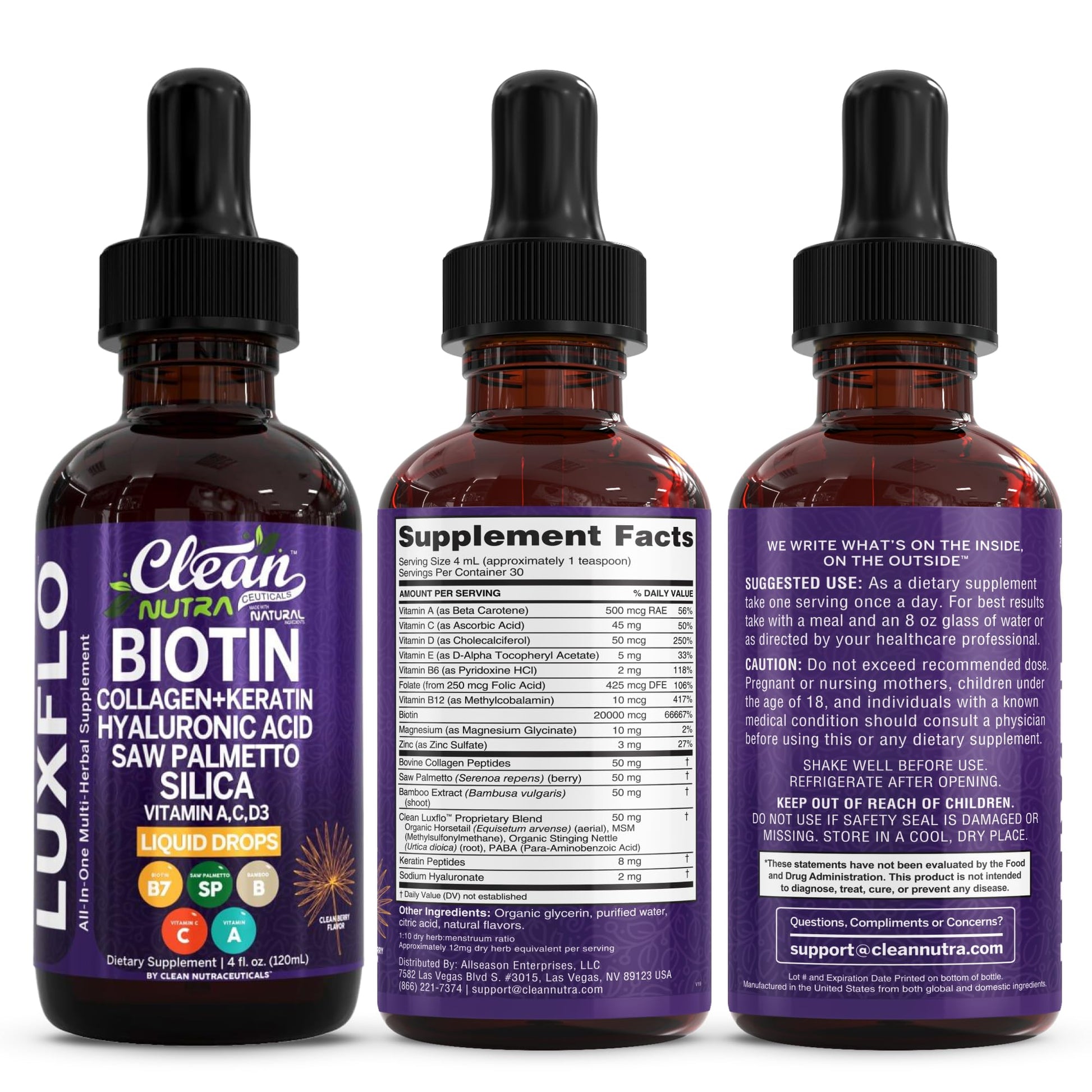 Liquid Biotin & Collagen Keratin Hyaluronic Acid Saw Palmetto Drops Vitamins for Hair Growth Support Silica Vitamin A C D Bamboo Turmeric Zinc Folate Magnesium Horsetail LuxFlo By Clean Nutra Clean Nutraceuticals uk supplements
