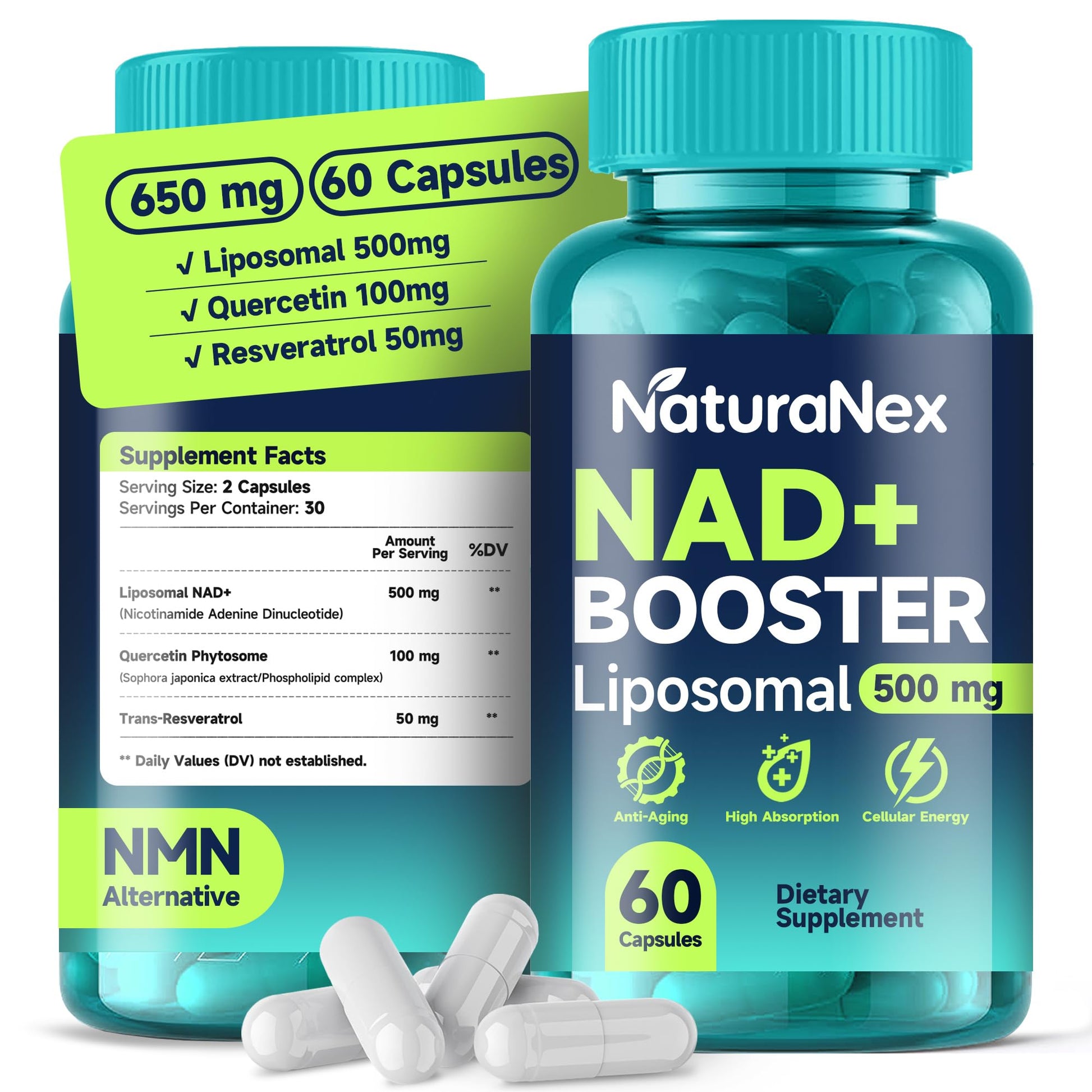 NaturaNex NAD+ Supplement 650mg (60 Capsules), Liposomal NAD+ with Resveratrol & Quercetin, Third-Party Tested, NMN Supplement Alternative NaturaNex uk supplements