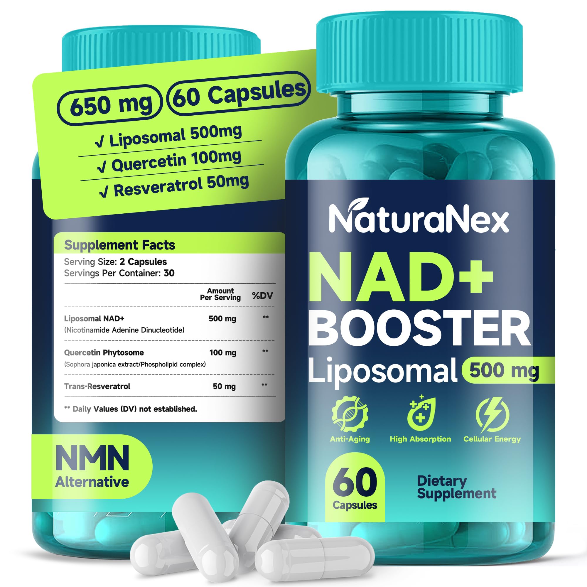 NaturaNex NAD+ Supplement 650mg (60 Capsules), Liposomal NAD+ with Resveratrol & Quercetin, Third-Party Tested, NMN Supplement Alternative NaturaNex uk supplements