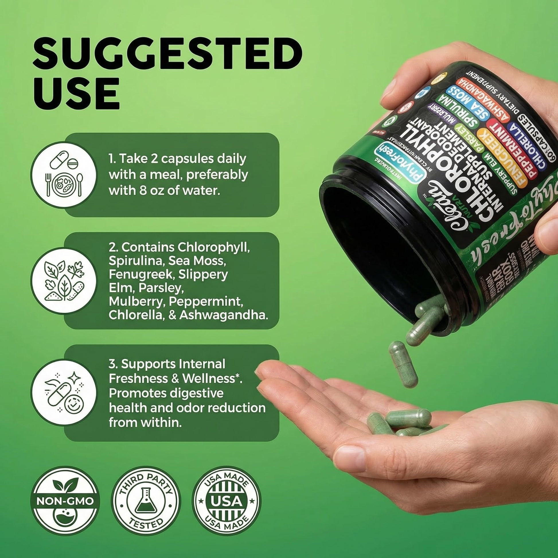 Clean Nutra Chlorophyll Capsules Supplement Internal Deodorant Peppermint, Sea Moss, Parsley, Chlorella, Spirulina, Slippery Elm, Ashwagandha, PhytoFresh Greens Detox Pills Clean Nutraceuticals uk supplements