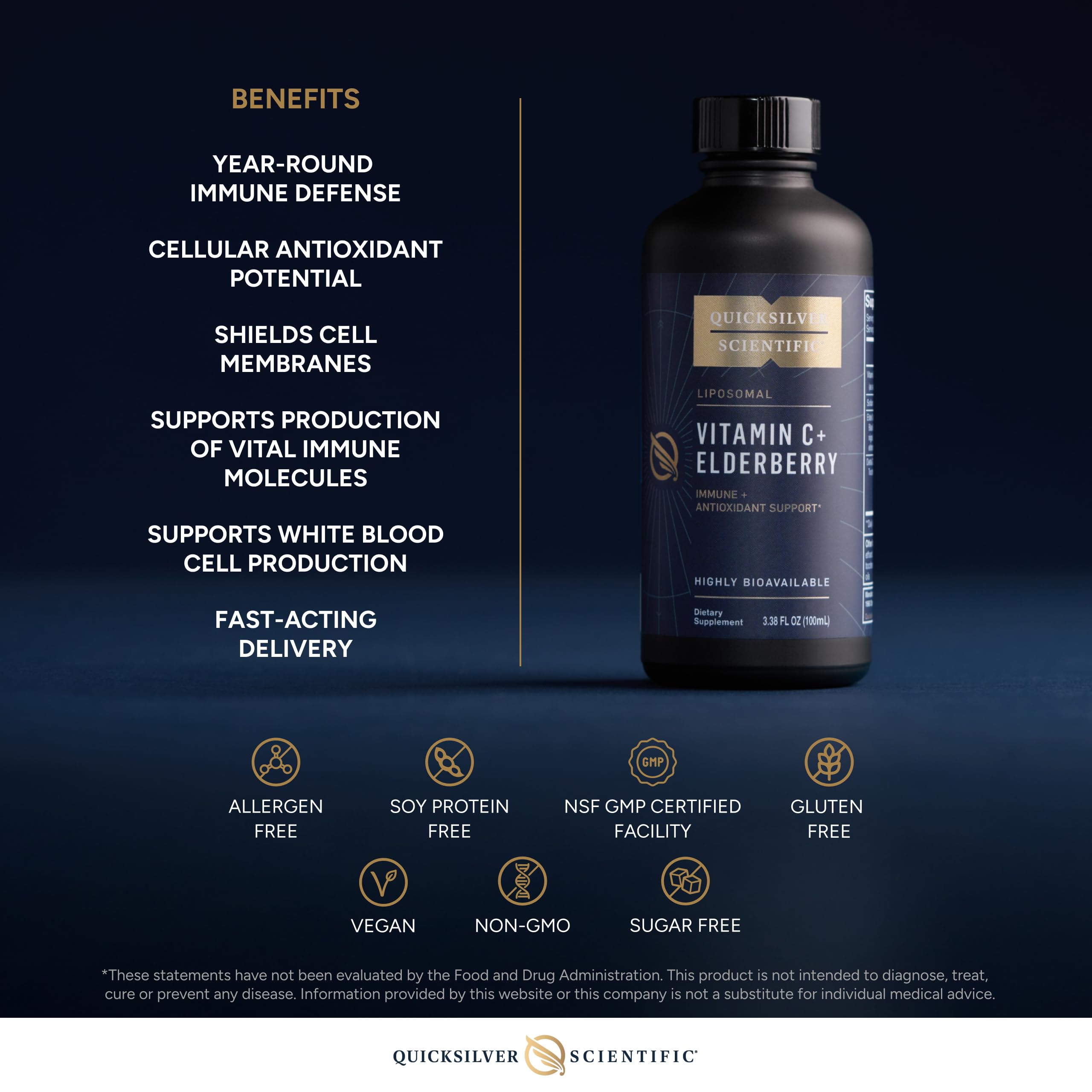 Quicksilver Scientific Liposomal Vitamin C + Elderberry - 1000mg with Superior Absorption Technology & Tocotrienols - Antioxidant & Immune Support Tonic (100ml), 1 Item Quicksilver Scientific uk supplements
