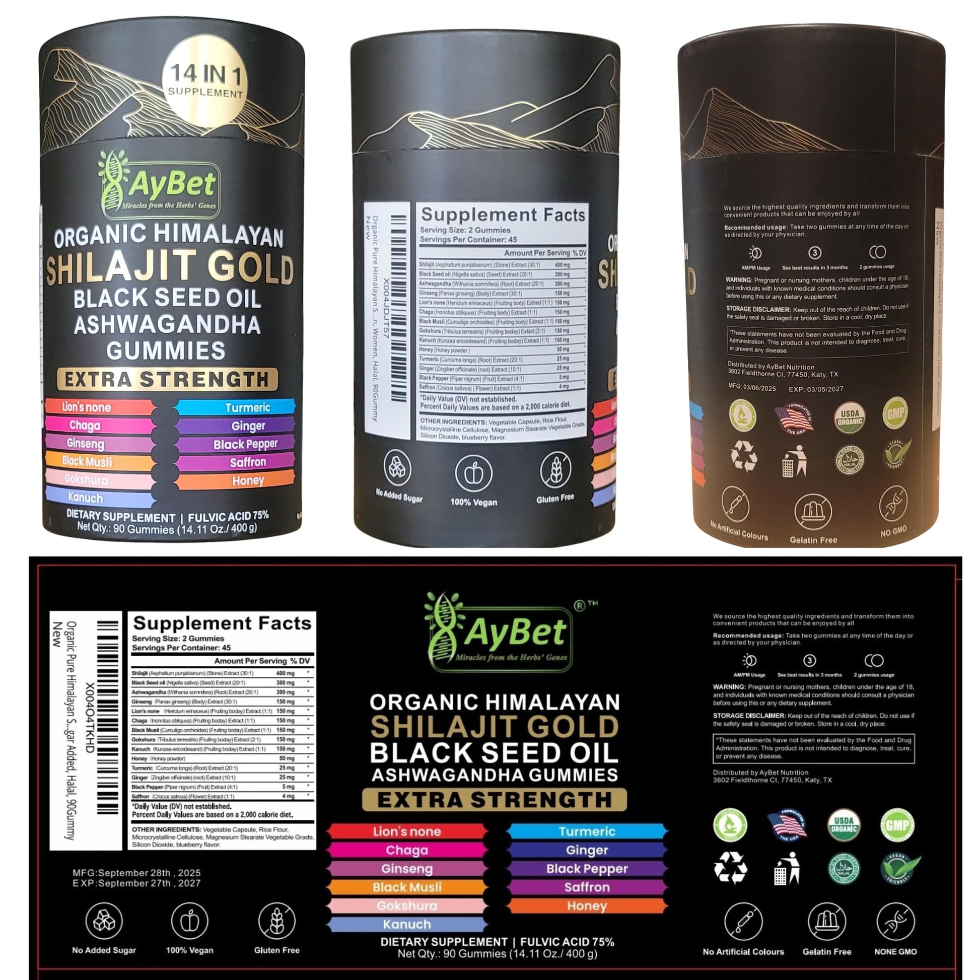 AyBet Organic Himalayan Shilajit Gold Gummies for Men and Women, Black Seed Oil, Ashwagandha, Ginseng, Turmeric, Gokshura, Lion's None, Lab Tested,%75 Fulvic Acid, No Sugar Added, Halal, 90Gummy AyBet uk supplements
