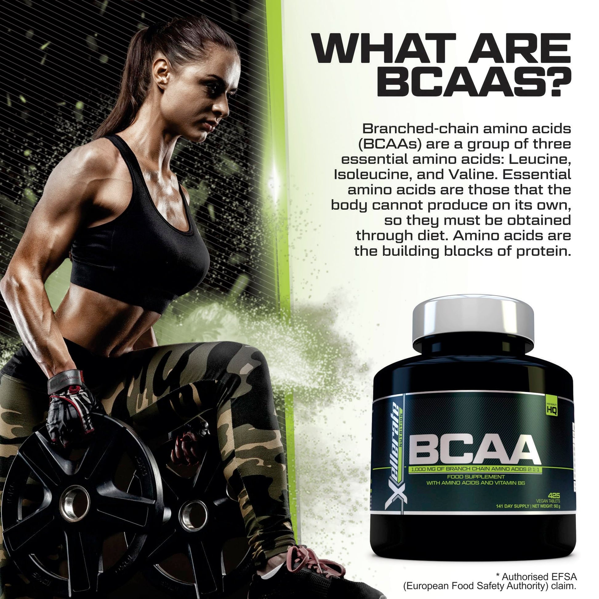 BCAA 1000mg - 425 Vegan Tablets - 3000mg Daily Serving - 141 Day Supply - 2:1:1 BCAAs Xellerate NUTRITION uk supplements