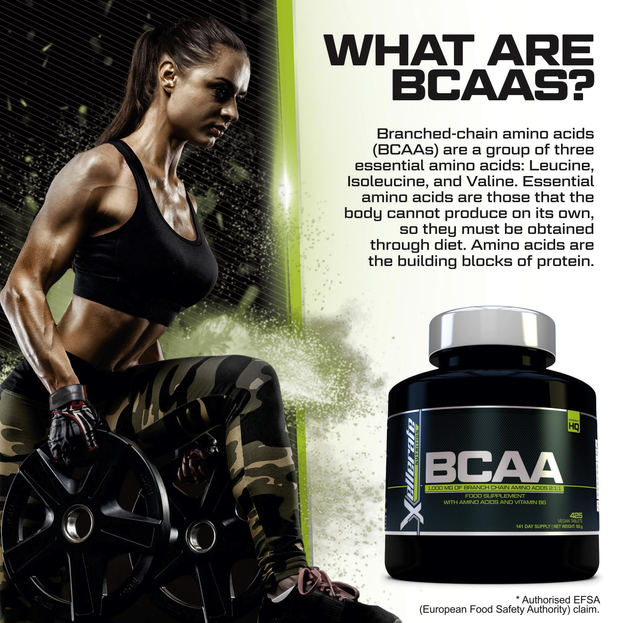 BCAA 1000mg - 425 Vegan Tablets - 3000mg Daily Serving - 141 Day Supply - 2:1:1 BCAAs Xellerate NUTRITION uk supplements