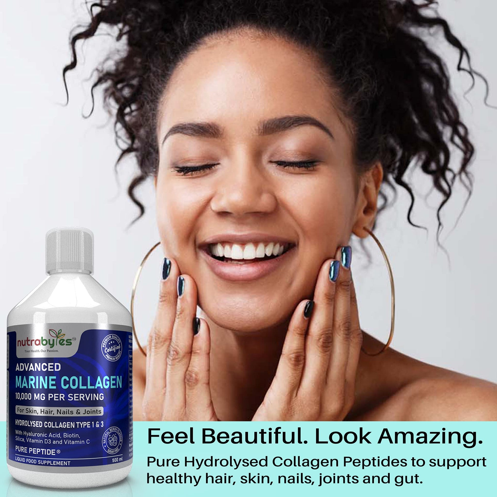 Marine Collagen Liquid 10000mg Sugar Free, Hydrolysed Peptides | Hyaluronic Acid, Biotin, Silica, Vitamin C, Vitamin D3 NUTRABYTES uk supplements