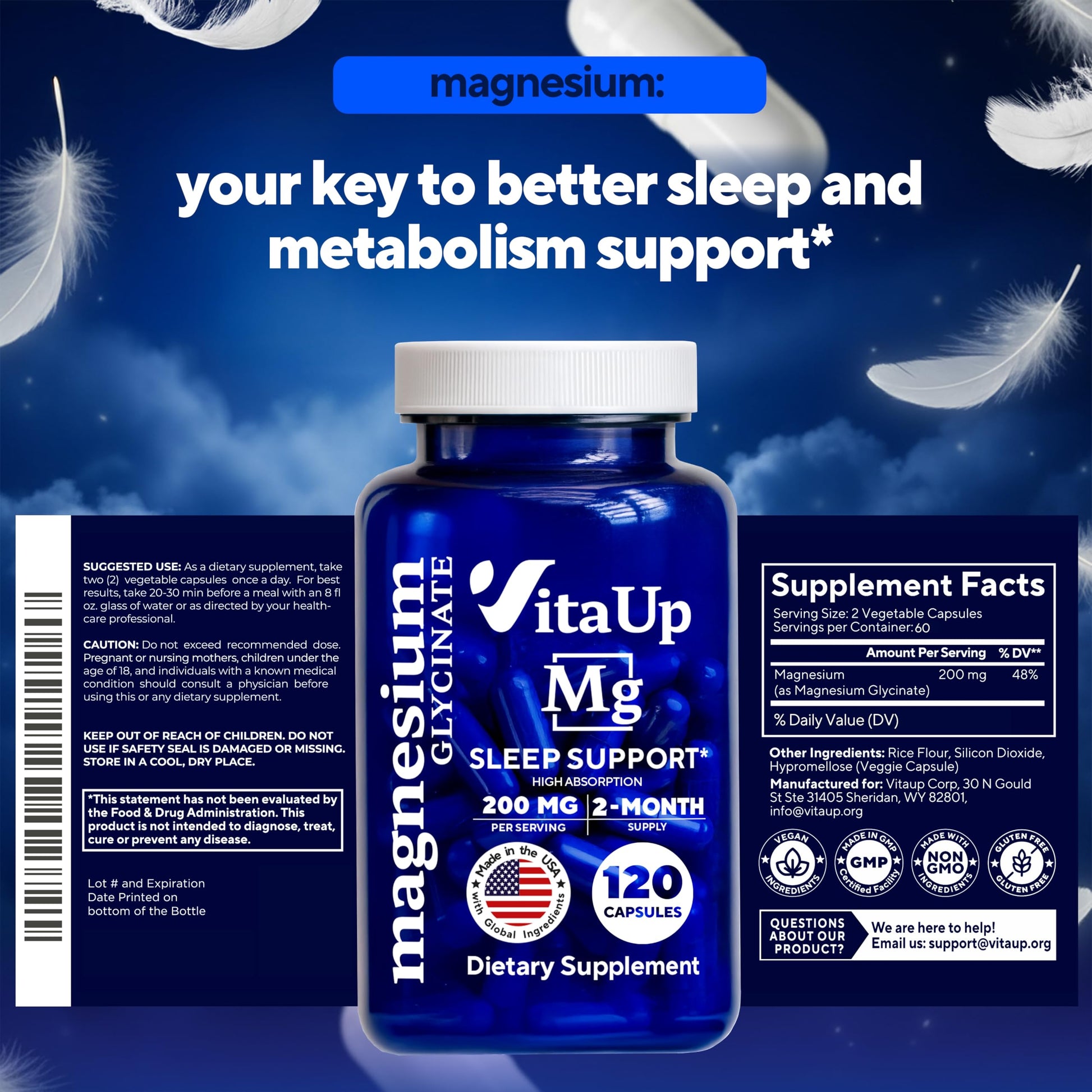 VitaUp Magnesium Glycinate 200mg - USA Made, Highly Absorbed, Non-GMO Magnesium for Relaxation, Deep Sleep, Bones & Heart - 200mg per Serving, 120 Vegan Capsules VitaUp uk supplements