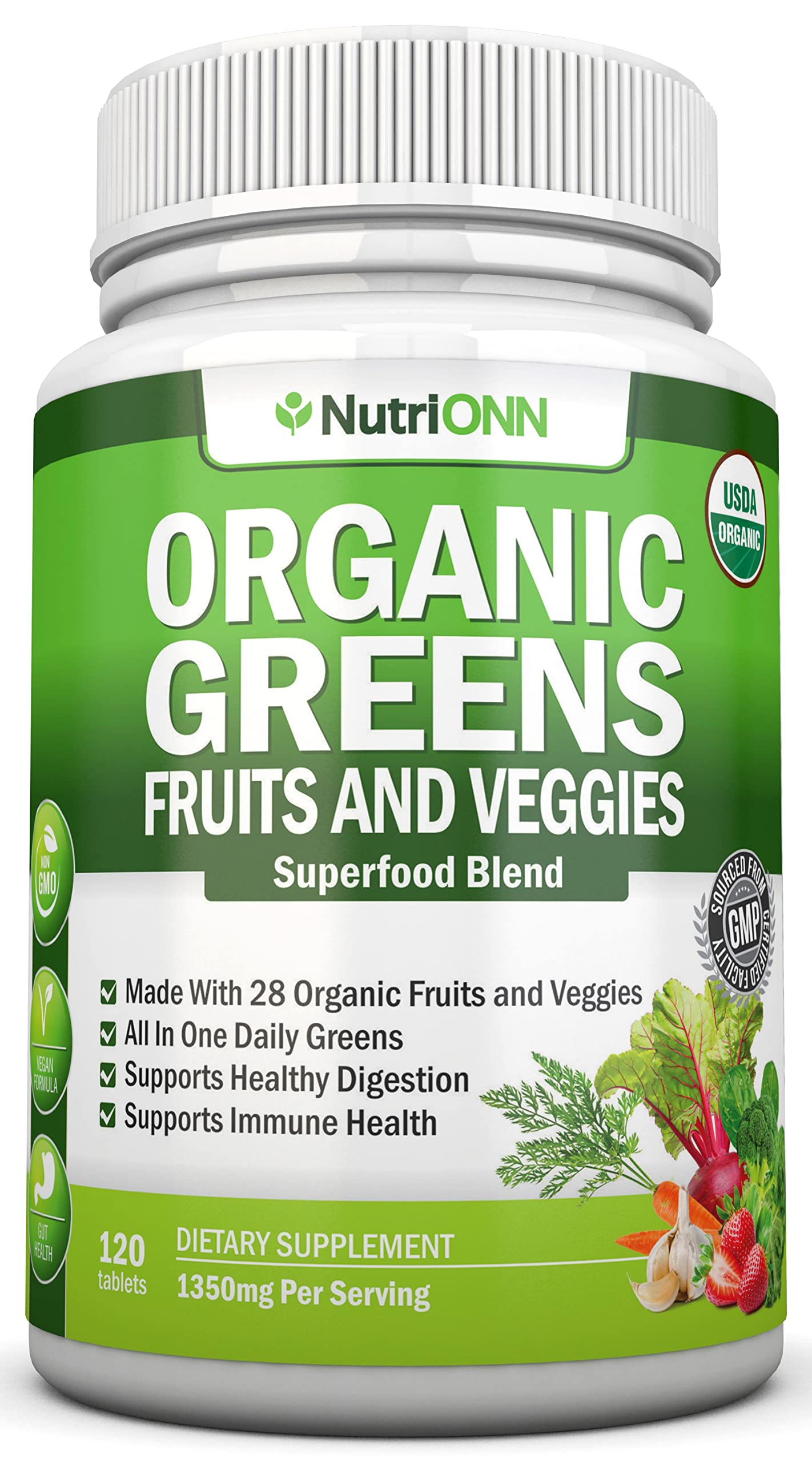Organic Super Greens Capsules - Fruit And Vegetable Supplements - 120 Count - 28 USDA Organic & Vegan Premium Ingredients - Superfood Blend For Immune Health, Digestion & Energy - Whole Food Vitamins NutriONN uk supplements