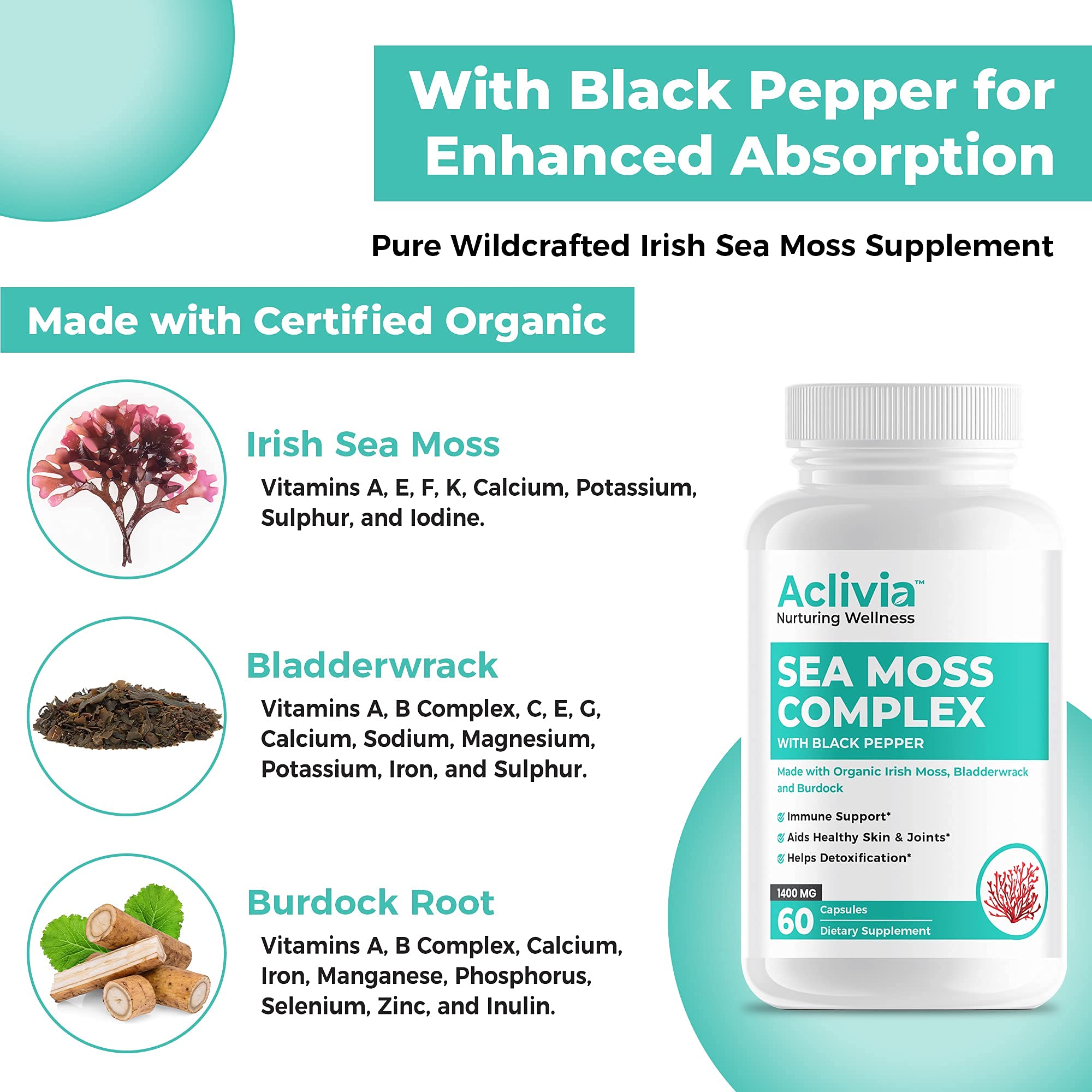 Aclivia - Organic Irish Sea Moss Capsules with Bladderwrack & Burdock Root - 102 Minerals Sea Moss Supplement - Thyroid Support, Immune Boost - Non-GMO (60 Count) Aclivia uk supplements