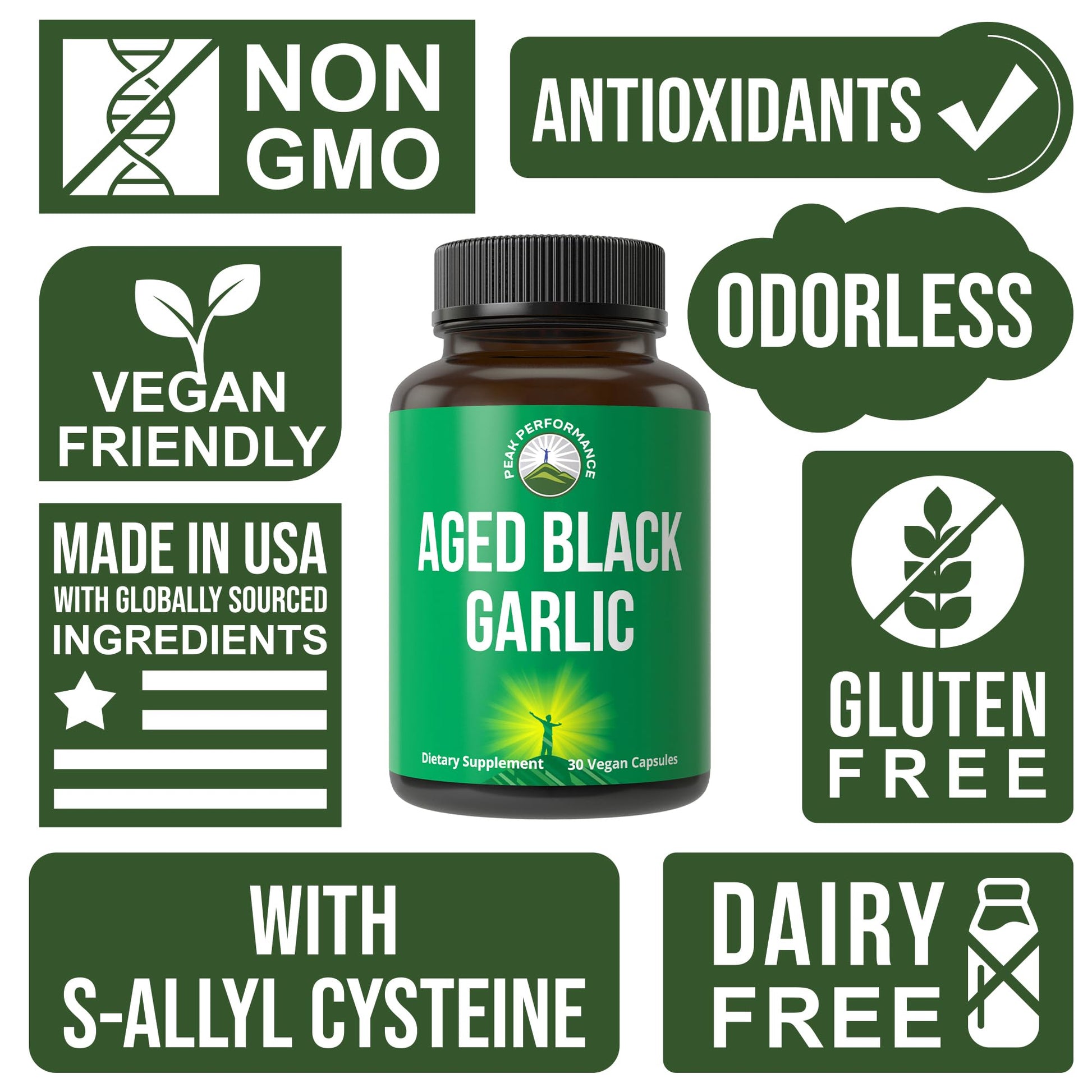 Peak Performance Aged Black Garlic Capsules. Raw Vegan Pure Odorless Extract Supplement Pills for Cholesterol, and Immune Support. from Garlic Bulb with S-Allyl Cysteine and Antioxidants Peak Performance uk supplements
