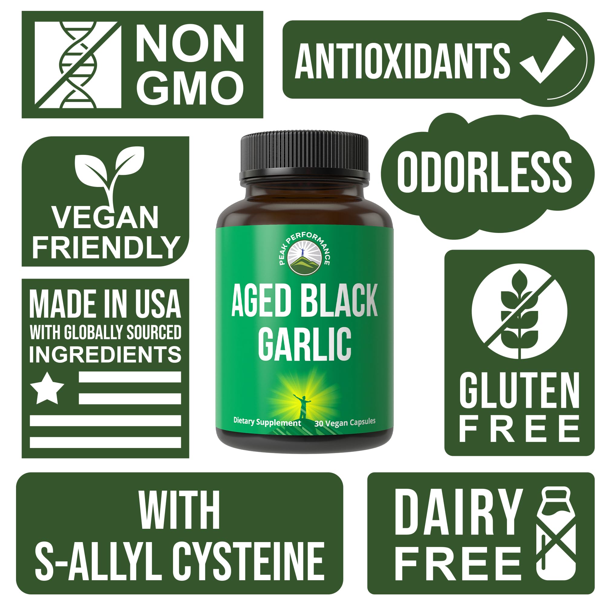 Peak Performance Aged Black Garlic Capsules. Raw Vegan Pure Odorless Extract Supplement Pills for Cholesterol, and Immune Support. from Garlic Bulb with S-Allyl Cysteine and Antioxidants Peak Performance uk supplements