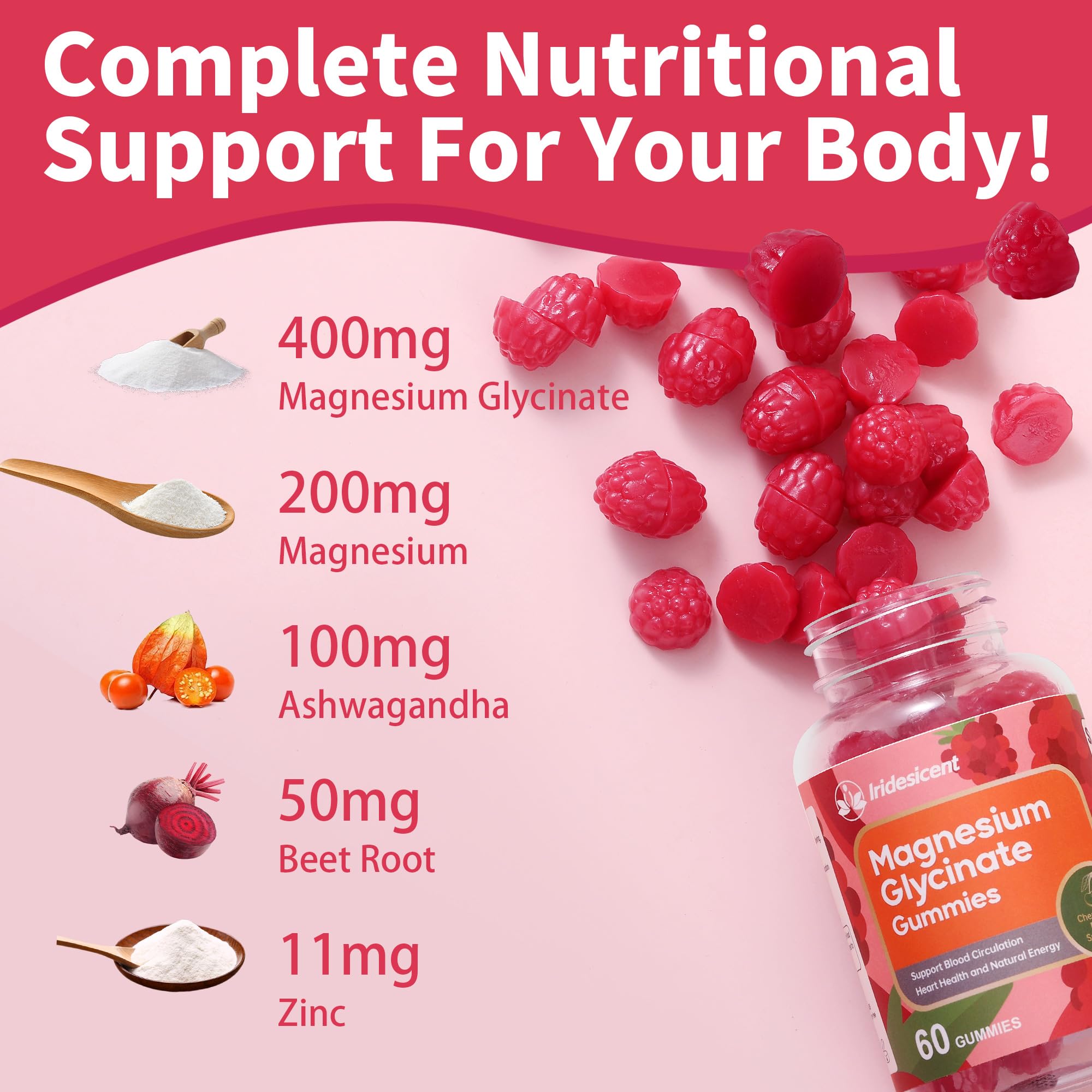 IRIDESICENT Magnesium Glycinate Gummies 400mg, Sugar Free Magnesium Supplement w/Ashwagandha, Zinc, Vegan Magnesium Glycinate Supplement for Adults - 120 Cherry Gummies IRIDESICENT uk supplements