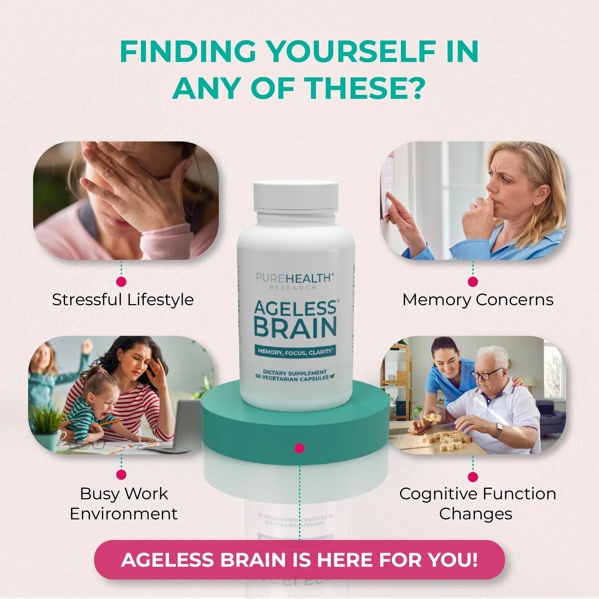 PUREHEALTH RESEARCH Ageless Brain Supplements for Memory and Focus - Nootropic Brain Health Supplement for Adults - with Bacopa Monieri, Alpha GPC, L-Tyrosine, Vitamin B6, Niacin & More, 60 Capsules PUREHEALTH RESEARCH uk supplements