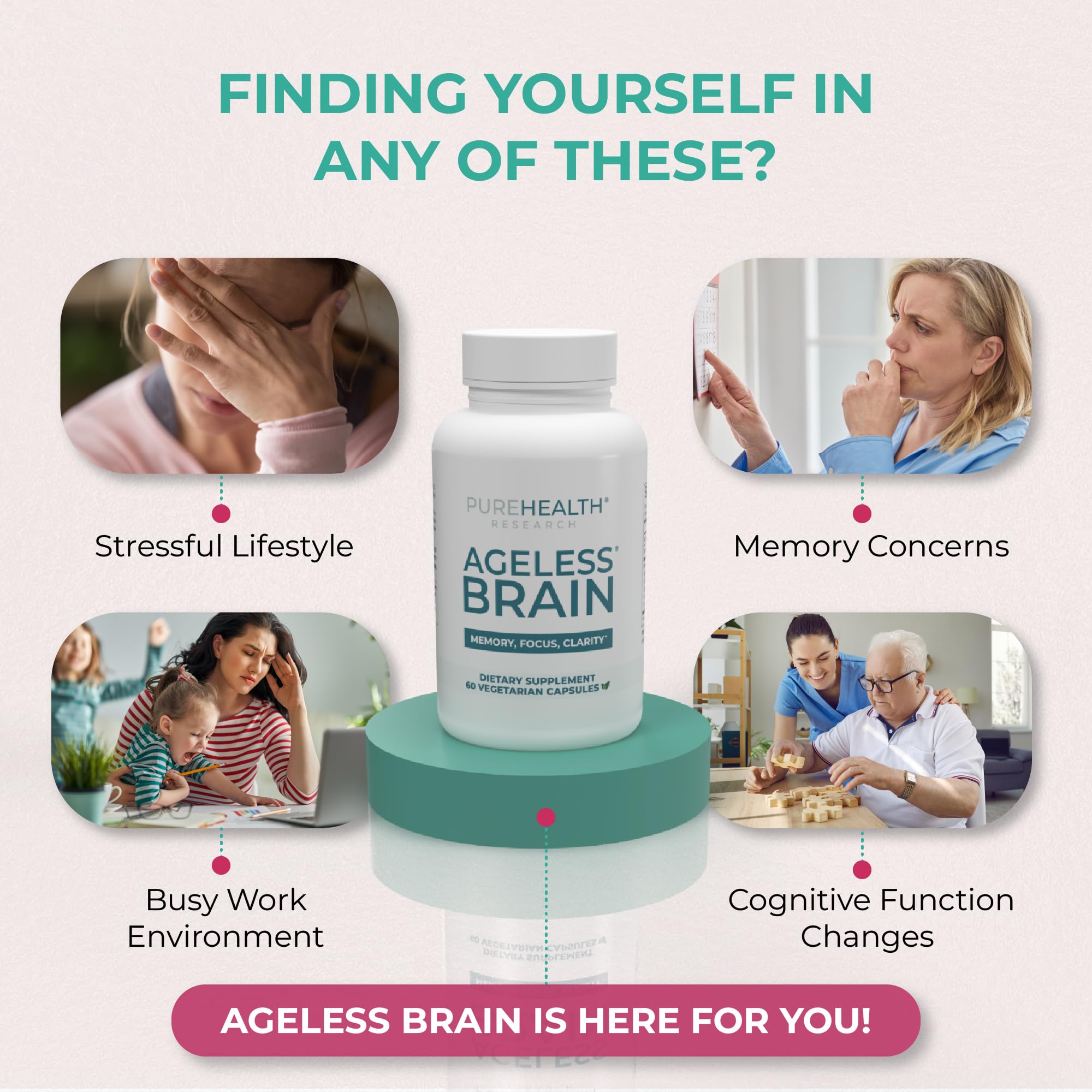 PUREHEALTH RESEARCH Ageless Brain Supplements for Memory and Focus - Nootropic Brain Health Supplement for Adults - with Bacopa Monieri, Alpha GPC, L-Tyrosine, Vitamin B6, Niacin & More, 60 Capsules PUREHEALTH RESEARCH uk supplements