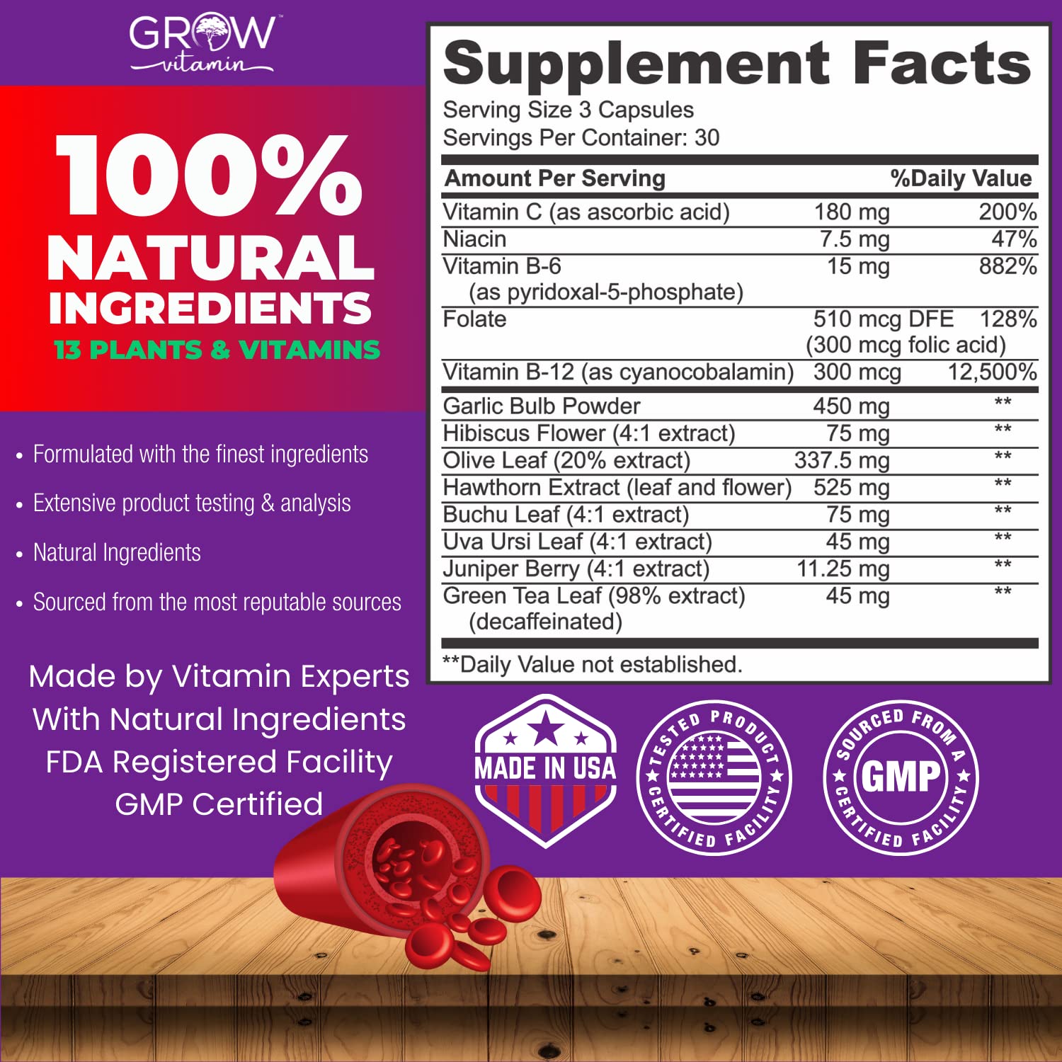 grow vitamin Blood Pressure Formula - Herbal Blend, Non-GMO, Gluten-Free - 90 Capsules grow vitamin uk supplements