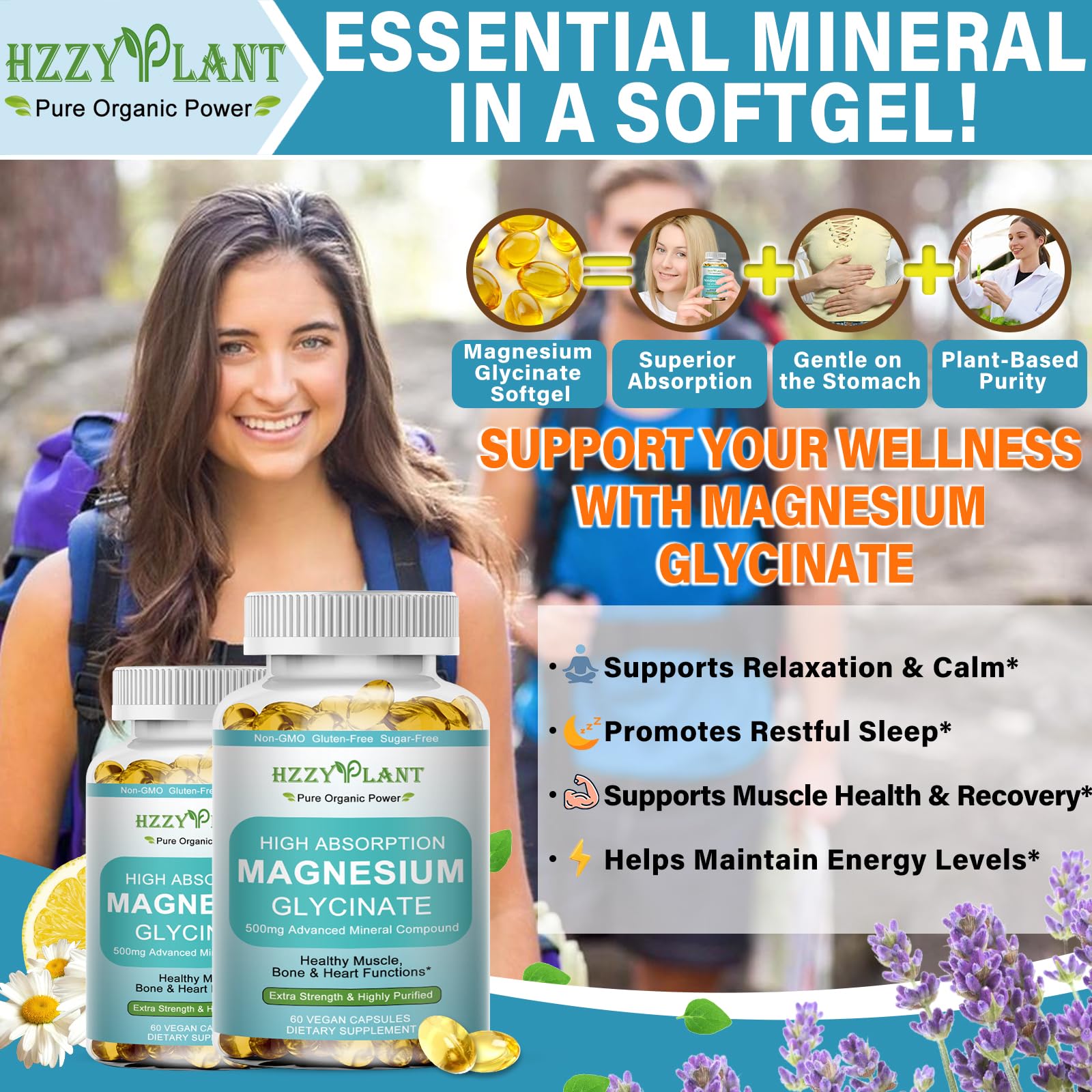 Magnesium Glycinate 500mg Softgels, High Absorption Magnesium Supplement Softgel Capsules for Muscle, Heart, Sleep & Bone Support, Stress Relief, Nerve Health & Metabolism, Non-GMO, 2 Month Supply HZZYPLANT uk supplements