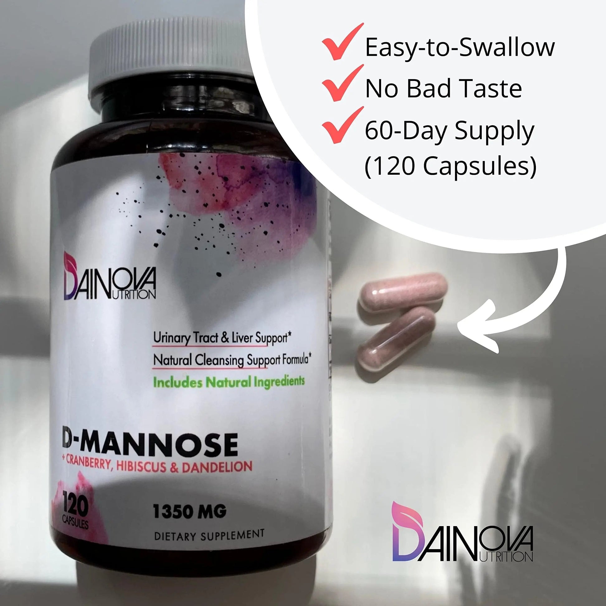 Dainova D Mannose 1350mg with Cranberry I D-Mannose Capsules for UTI Prevention, Urinary Tract Support, Urinary Tract Health for Women, & Cleanse. W/Hibiscus & Dandelion, 120 Veggie Capsules Dainova Nutrition uk supplements