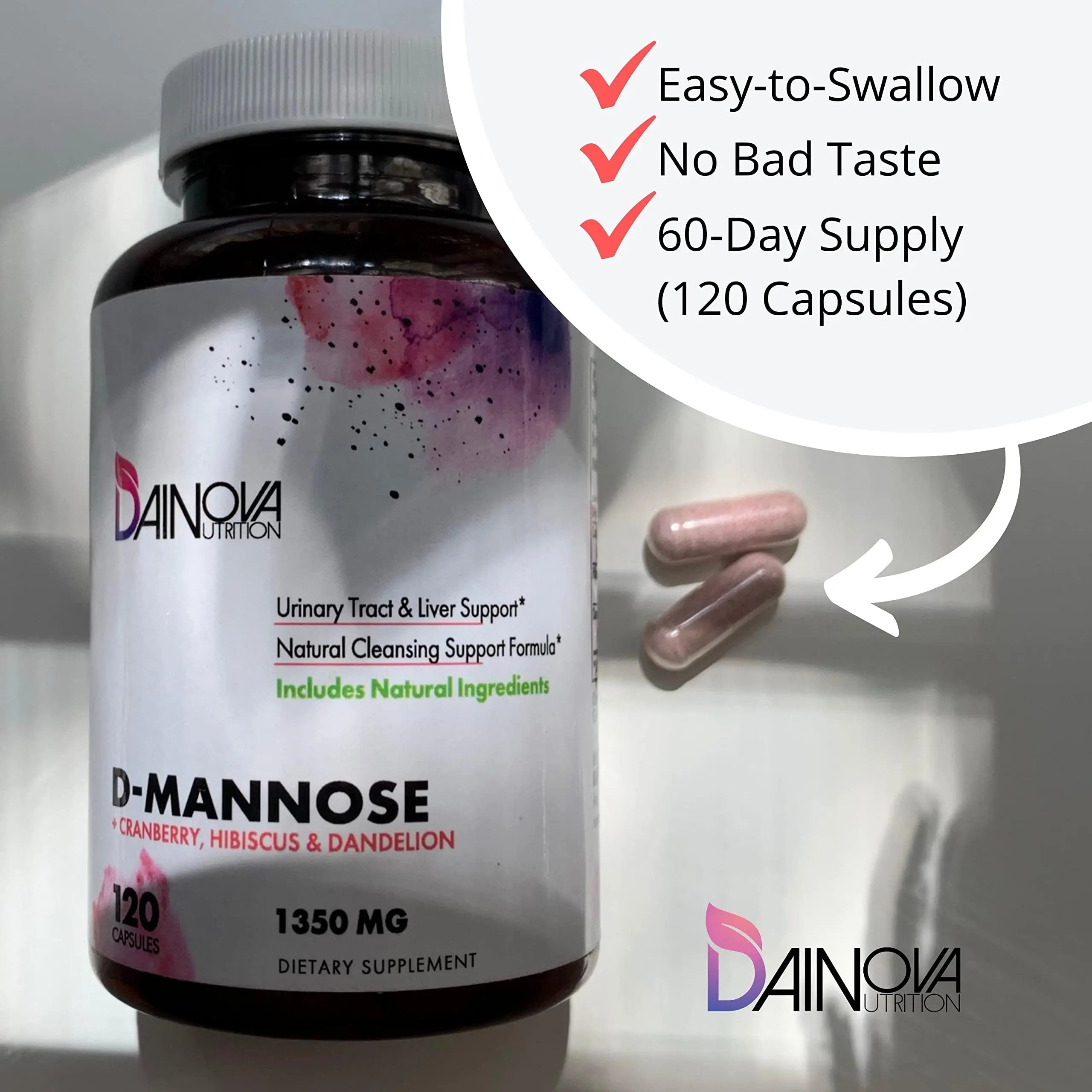 Dainova D Mannose 1350mg with Cranberry I D-Mannose Capsules for UTI Prevention, Urinary Tract Support, Urinary Tract Health for Women, & Cleanse. W/Hibiscus & Dandelion, 120 Veggie Capsules Dainova Nutrition uk supplements