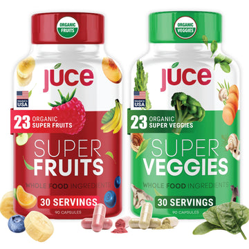 Juce Original Formula - Organic Super Fruit & Veggies Supplement - Gluten/Gelatin Free, Soy Free & Vegan- Reds & Greens Superfood Capsules- 23 Fruits & 23 Vegetables (180 Count)- By Terra Kai Organics Terra Kai Organics uk supplements