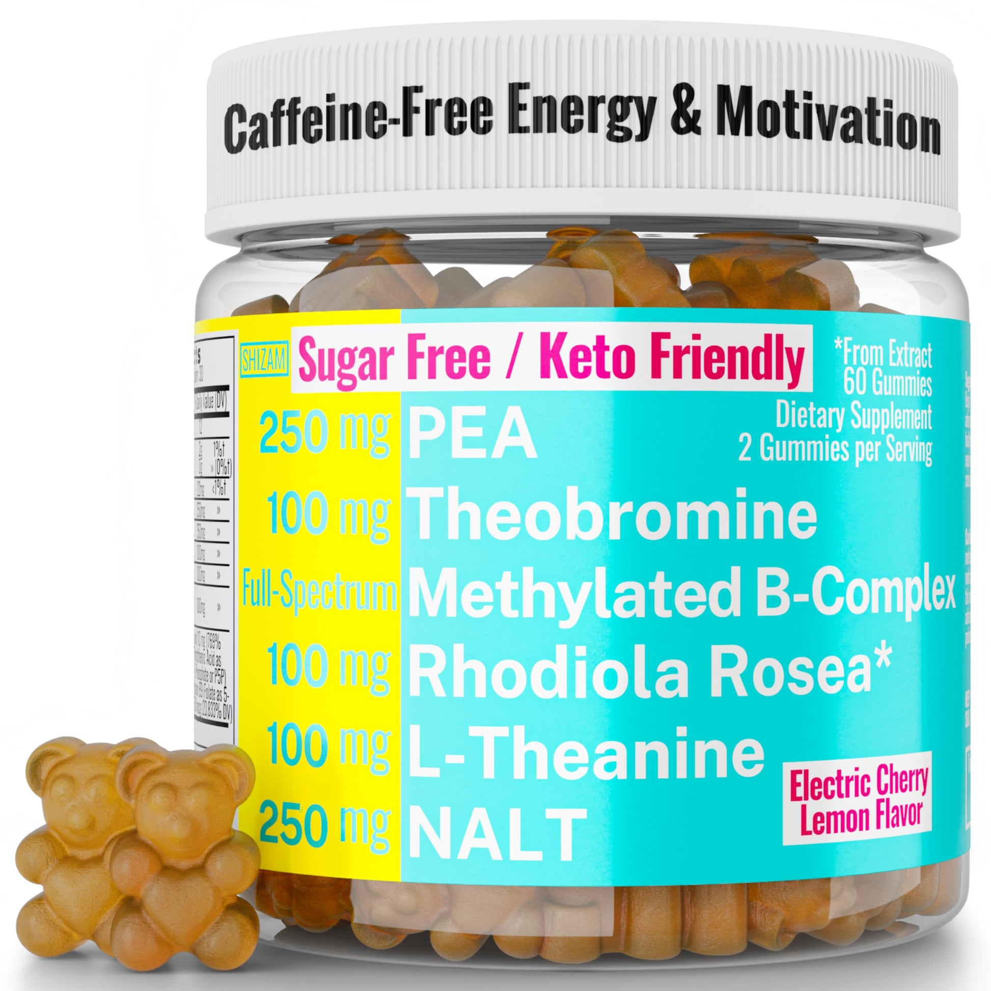 Rhodiola Rosea NALT N-Acetyl-L-Tyrosine Methylated Vitamin B Complex L-Theanine Gummies w P5P B6 5-MTHF B9 Folate Methyl B12 Methylcobalamin B3 Niacinamide, Supplement Powder Capsule Pill Supplements SHIZAM uk supplements