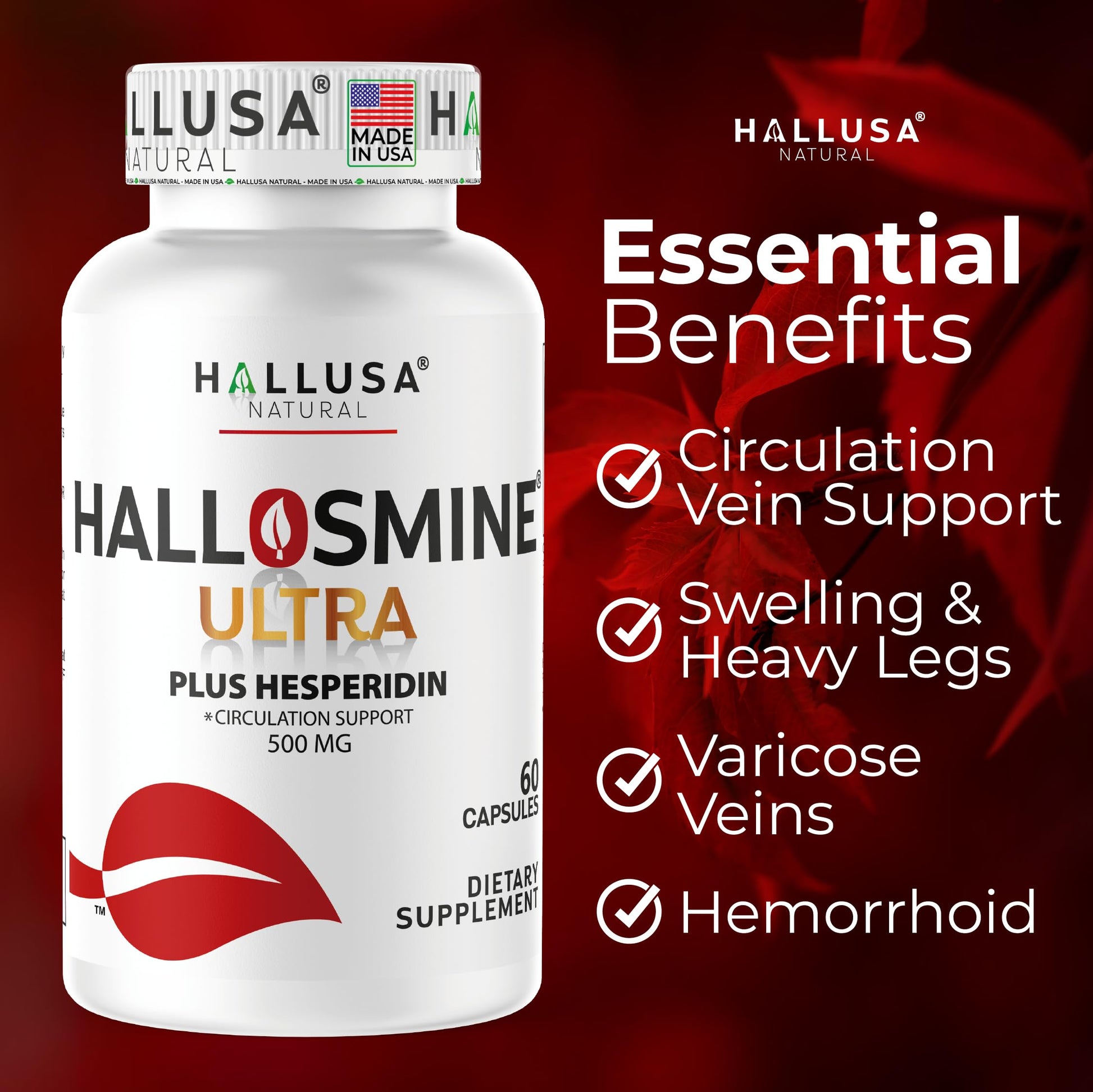 Hallosmine Ultra 650mg Diosmin Hesperidin, 60 Capsules + FREE Leg Cream with Diosmin, Hesperidin & Horse Chestnut, 4 oz | Blood Circulation & Vein Support Supplement, GMO Free, Gluten Free Hallusa Natural uk supplements