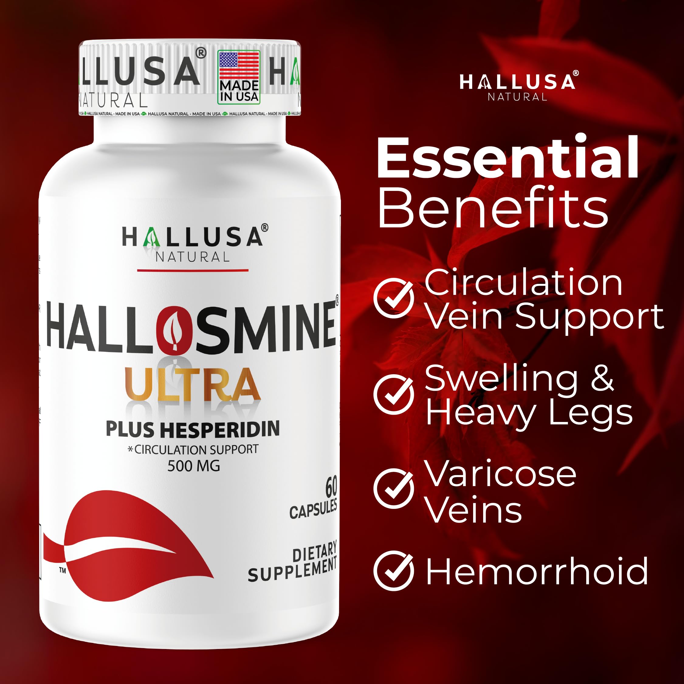 Hallusa Natural Hallosmine Ultra Diosmin 500mg & Hesperidin 150mg – Heavy Legs, Swelling & Vein - Blood Circulation Supplements, 60 Caps Hallusa Natural uk supplements