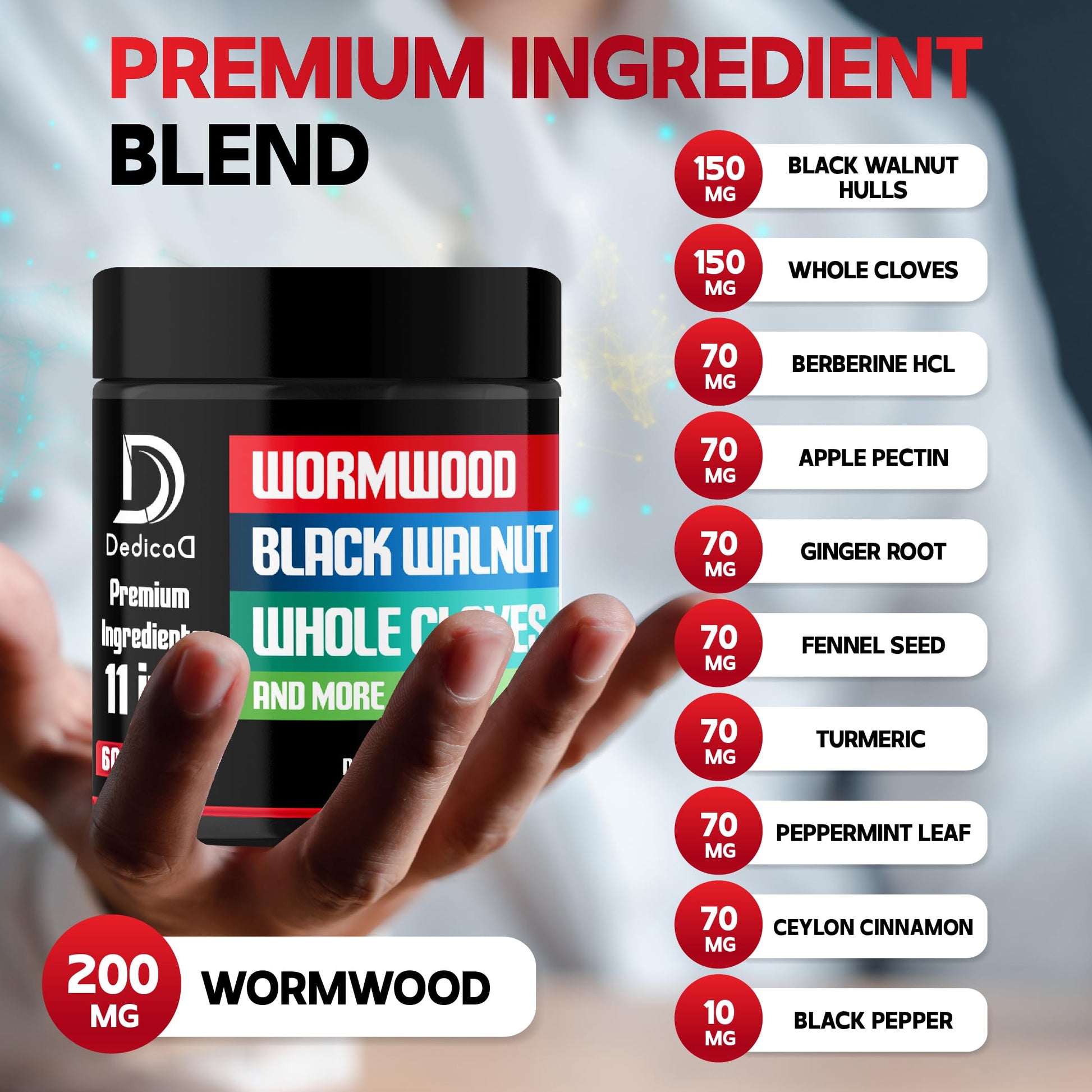 DEDICAD Wormwood Capsules Supplement - Extracted from Black Walnut, Cloves, Turmeric, Apple, Berberine HCl & More - 11 Ingredients Combined for Immune System, Body Management - 60 Capsules DEDICAD uk supplements