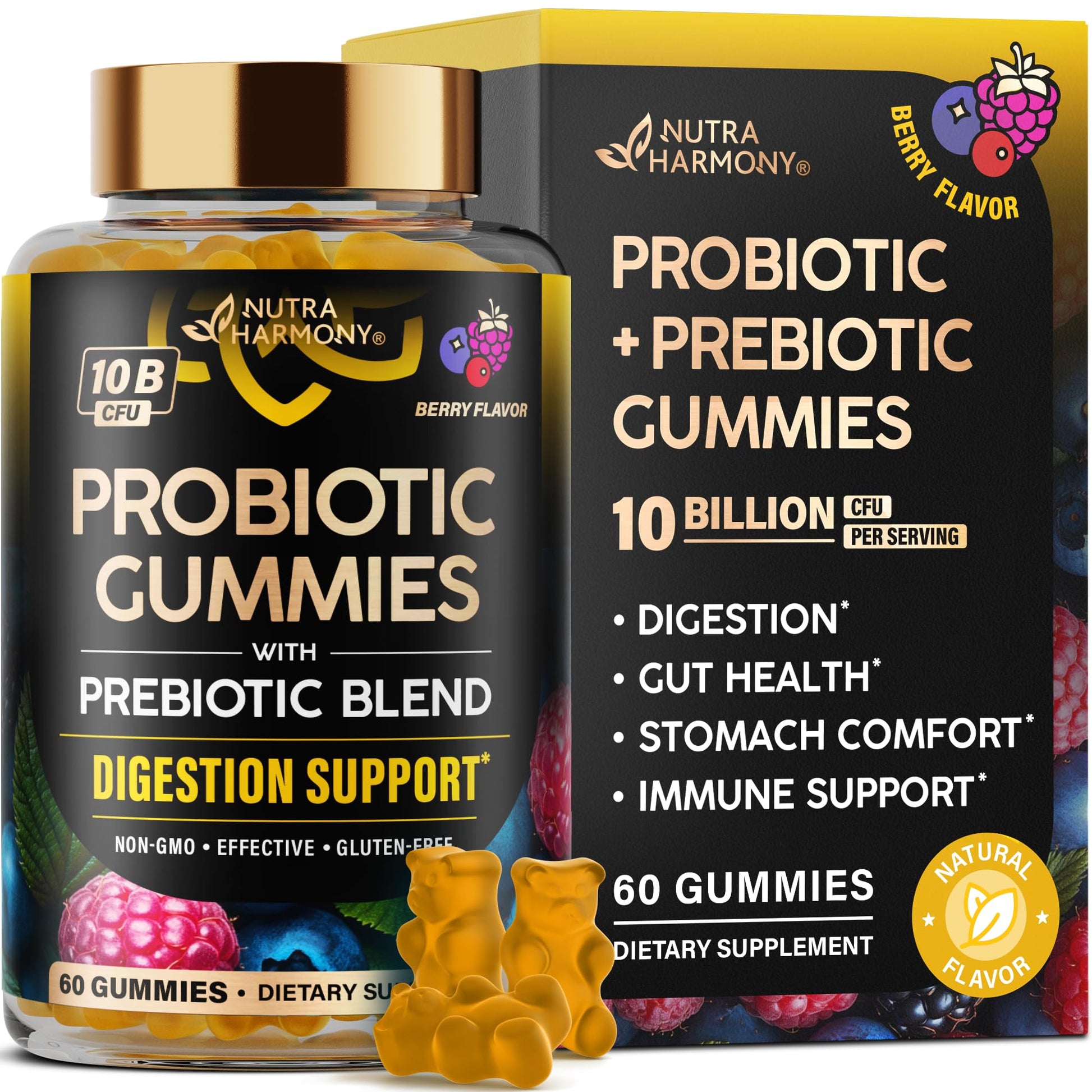 Probiotic Gummies 10B CFU with Prebiotic Fiber - Digestion & Immune Support - Debloat, Stomach & Gut Comfort - Probiotics for Women & Men - Natural Berry Flavor - Vegan & Sugar-free - 60 Gummies NUTRAHARMONY uk supplements