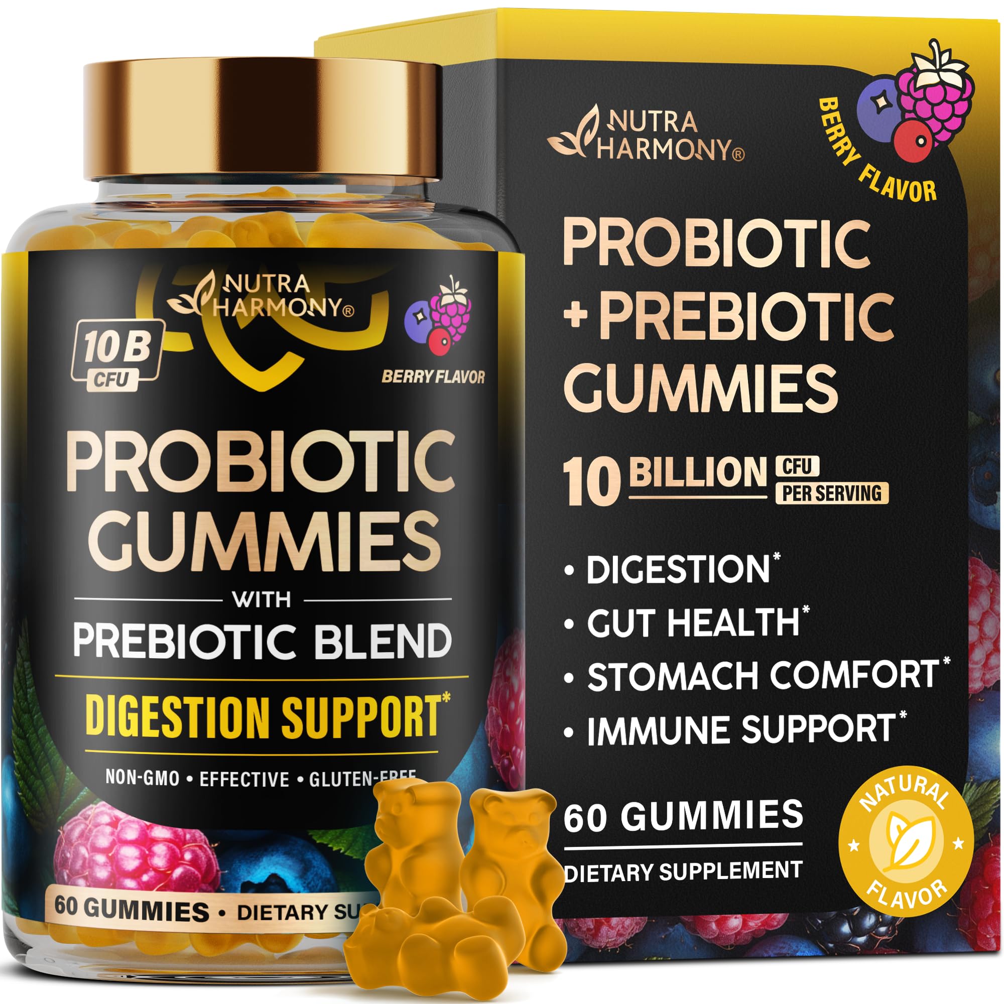 Probiotic Gummies 10B CFU with Prebiotic Fiber - Digestion & Immune Support - Debloat, Stomach & Gut Comfort - Probiotics for Women & Men - Natural Berry Flavor - Vegan & Sugar-free - 60 Gummies NUTRAHARMONY uk supplements