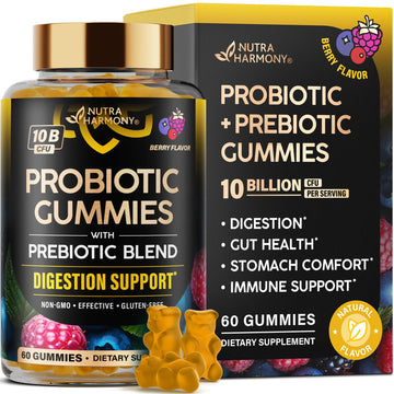 Probiotic Gummies 10B CFU with Prebiotic Fiber - Digestion & Immune Support - Debloat, Stomach & Gut Comfort - Probiotics for Women & Men - Natural Berry Flavor - Vegan & Sugar-free - 60 Gummies NUTRAHARMONY uk supplements