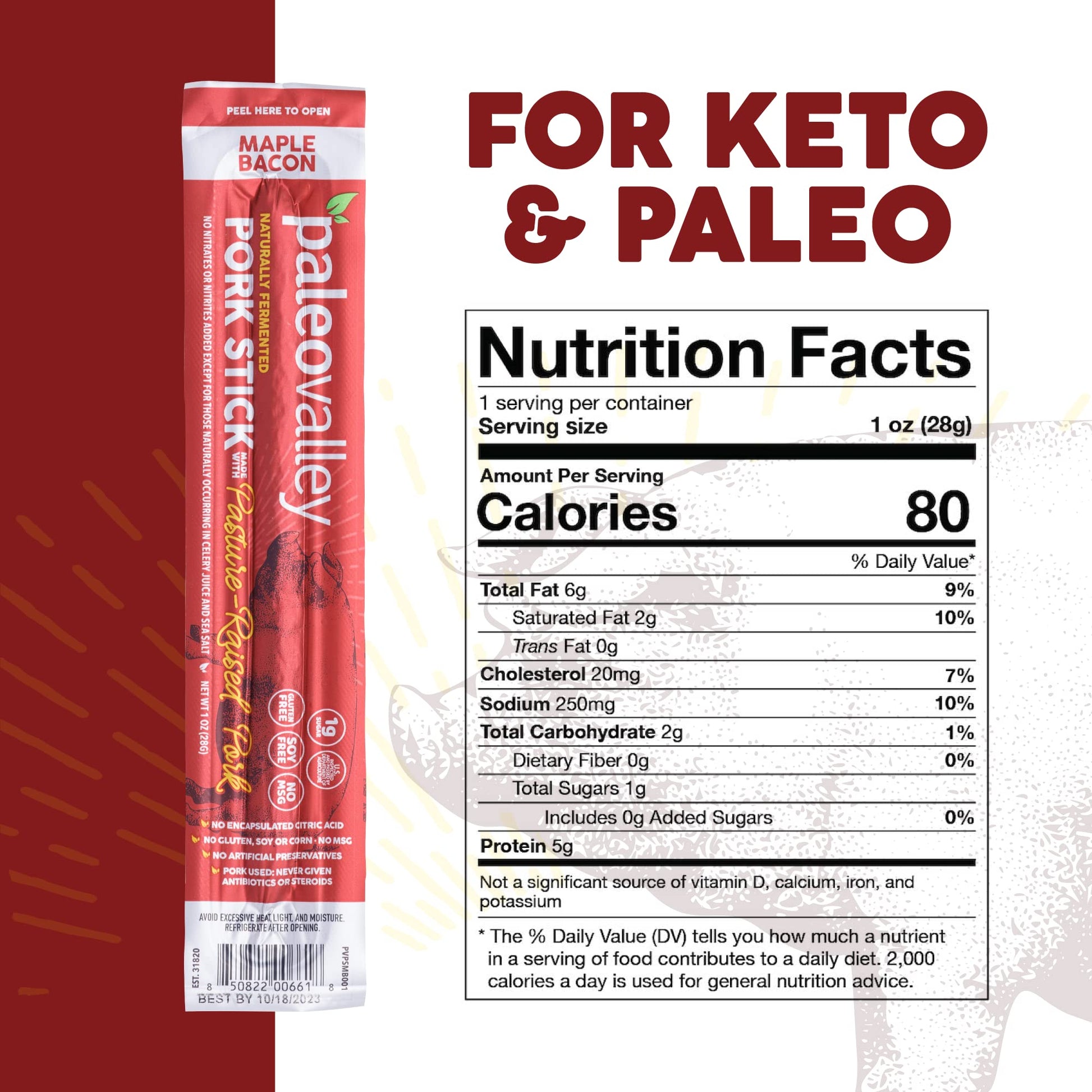 Paleovalley Pasture-Raised Pork Sticks - Maple Bacon Flavor Meat Sticks Individually Wrapped, 28g - 10 Sticks - Gluten-Free Protein Snack Paleovalley uk supplements
