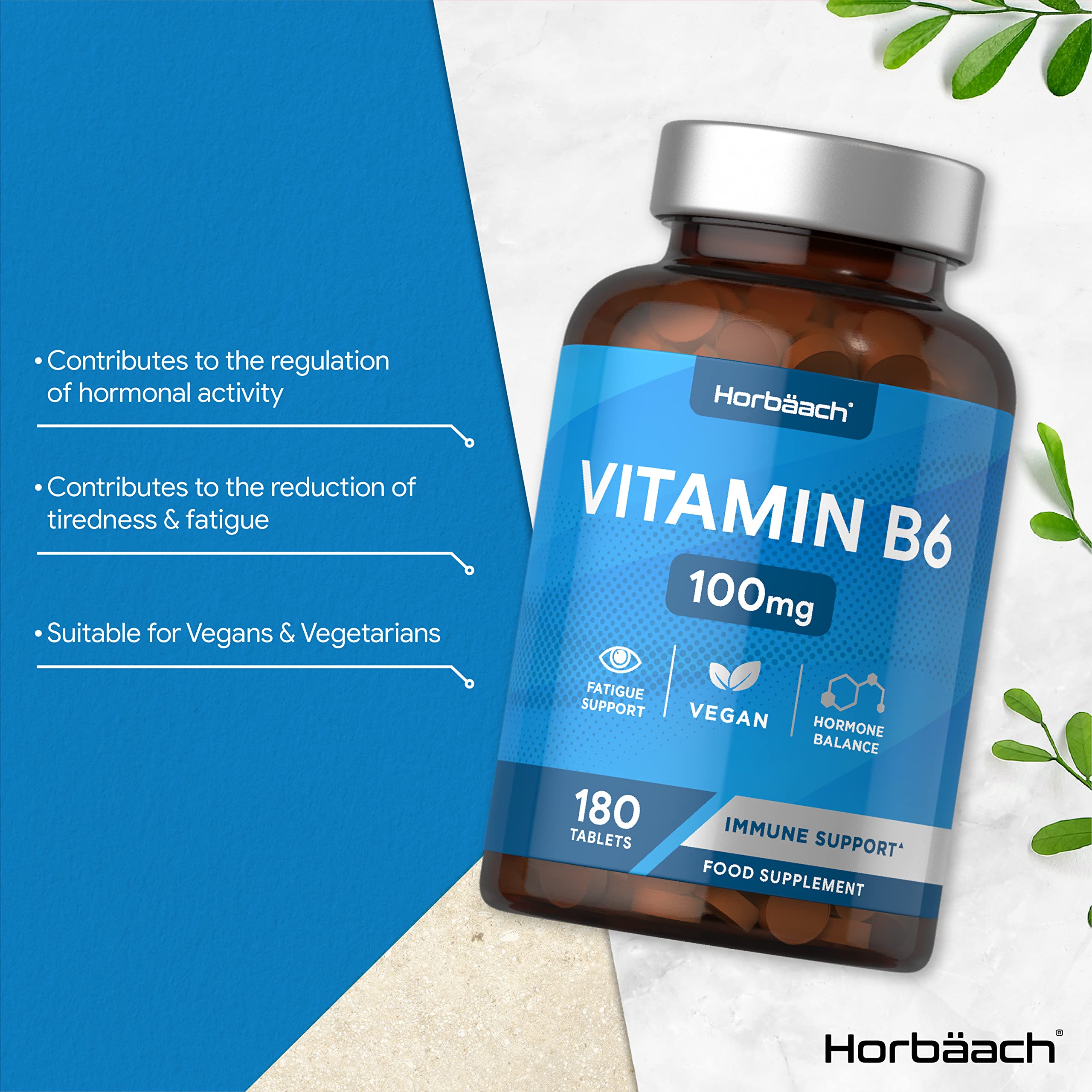 Vitamin B6 100mg | 180 High Strength Tablets | Regulation of Hormonal Activity & Fatigue Horbäach uk supplements