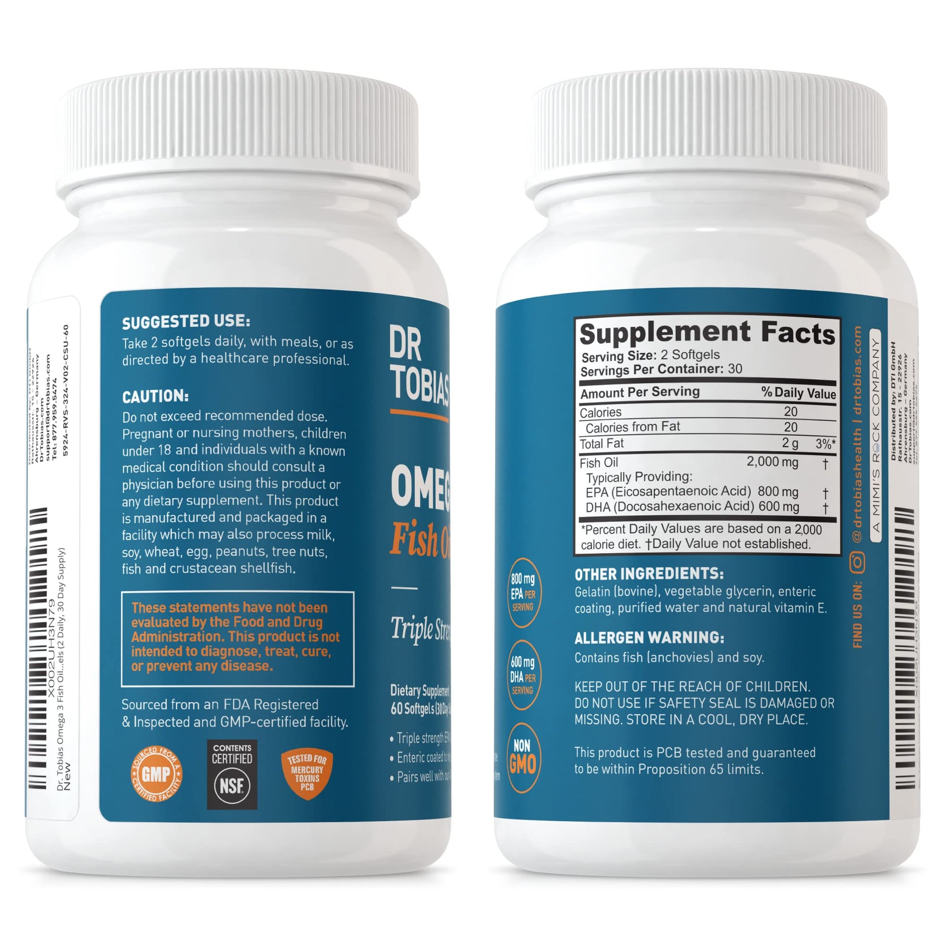 Dr. Tobias Omega 3 Fish Oil, 800 mg EPA 600 DHA Supplement for Heart, Brain & Immune Dr. Tobias uk supplements