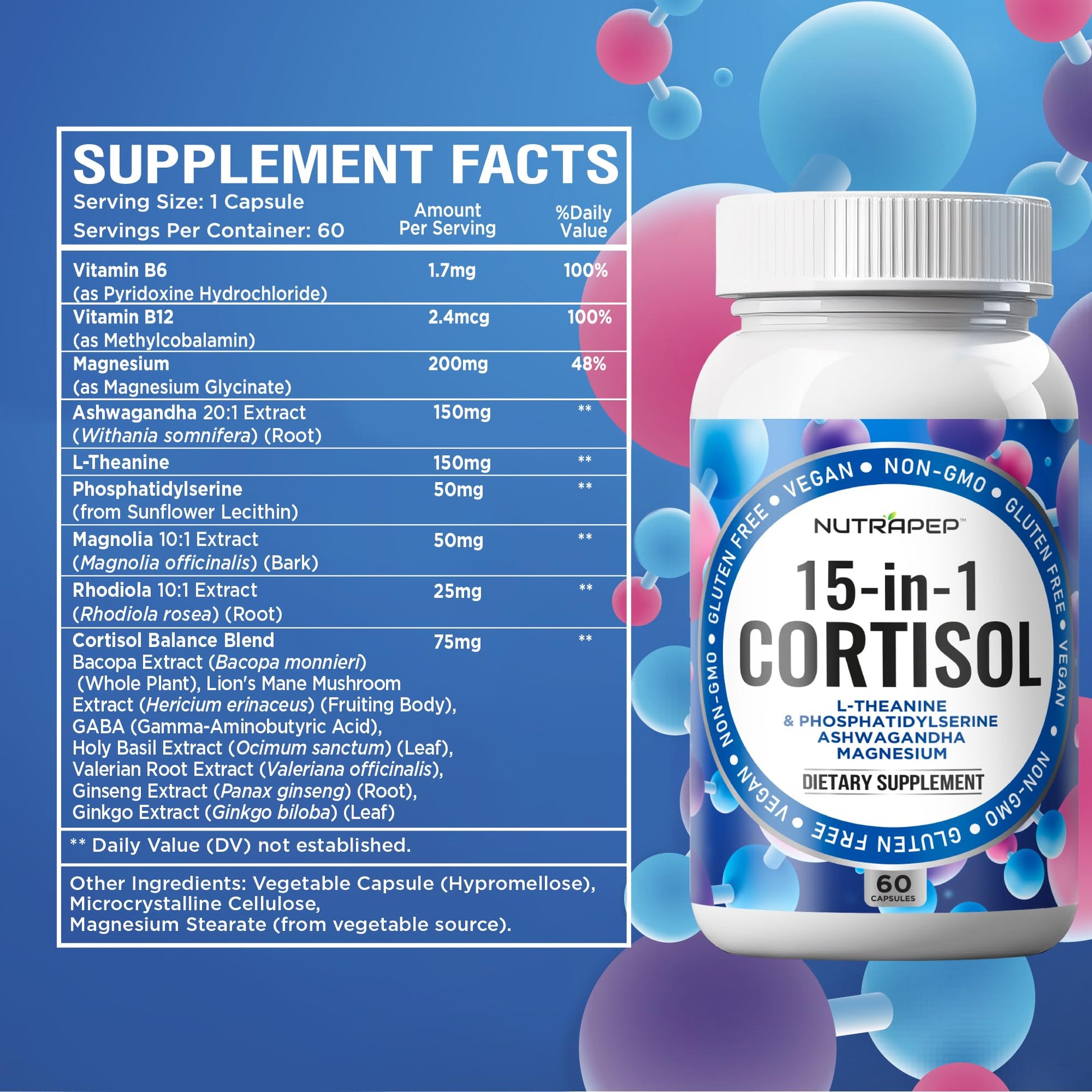 NutraPep Cortisol Detox Supplement Men Women - Reduce Lower Cortisol High Cortisol Reducer Blocker Control - Supports Stress Mood Rest Adrenal Calm Relax with Ashwagandha L-Theanine Magnesium NutraPep uk supplements