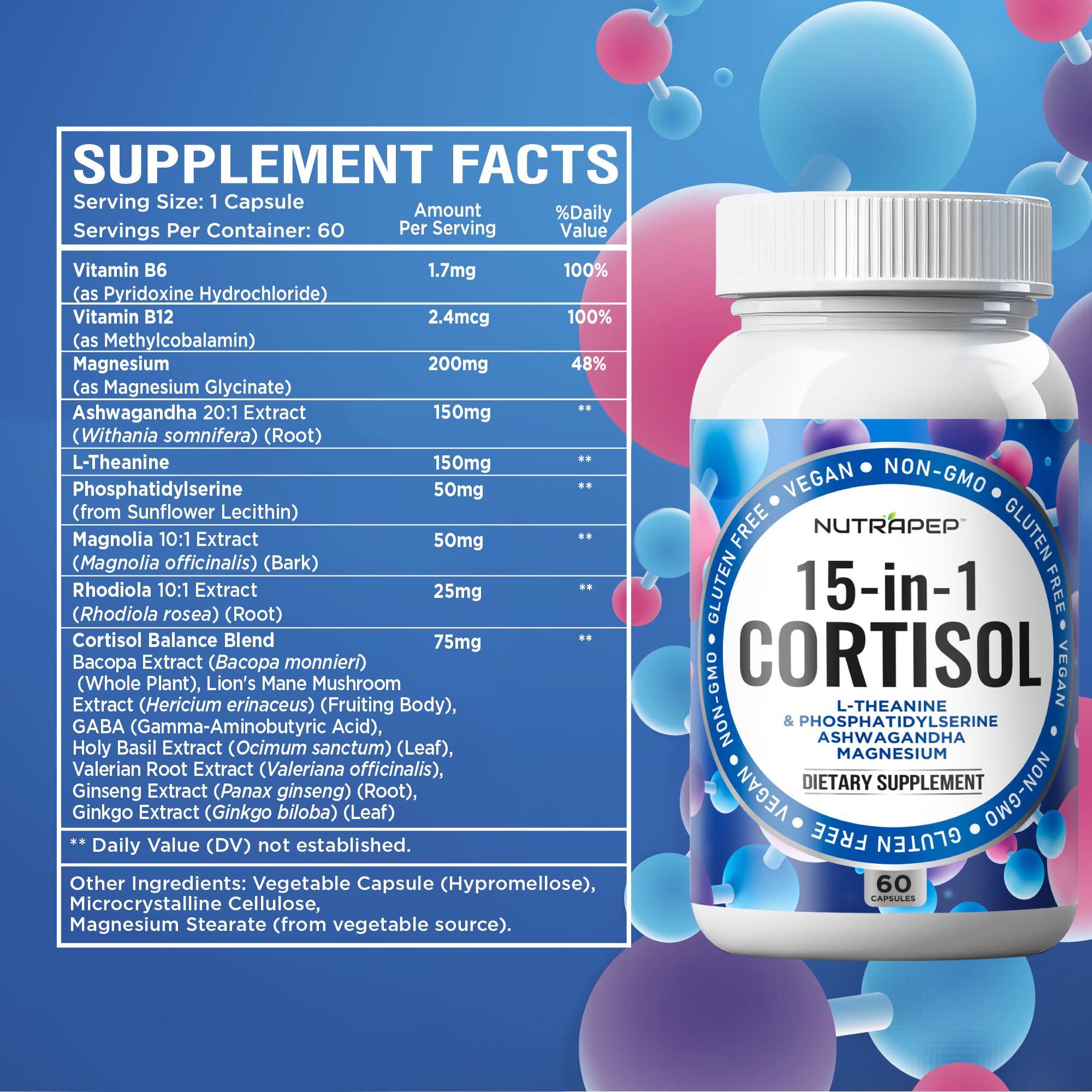 NutraPep Cortisol Detox Supplement Men Women - Reduce Lower Cortisol High Cortisol Reducer Blocker Control - Supports Stress Mood Rest Adrenal Calm Relax with Ashwagandha L-Theanine Magnesium NutraPep uk supplements