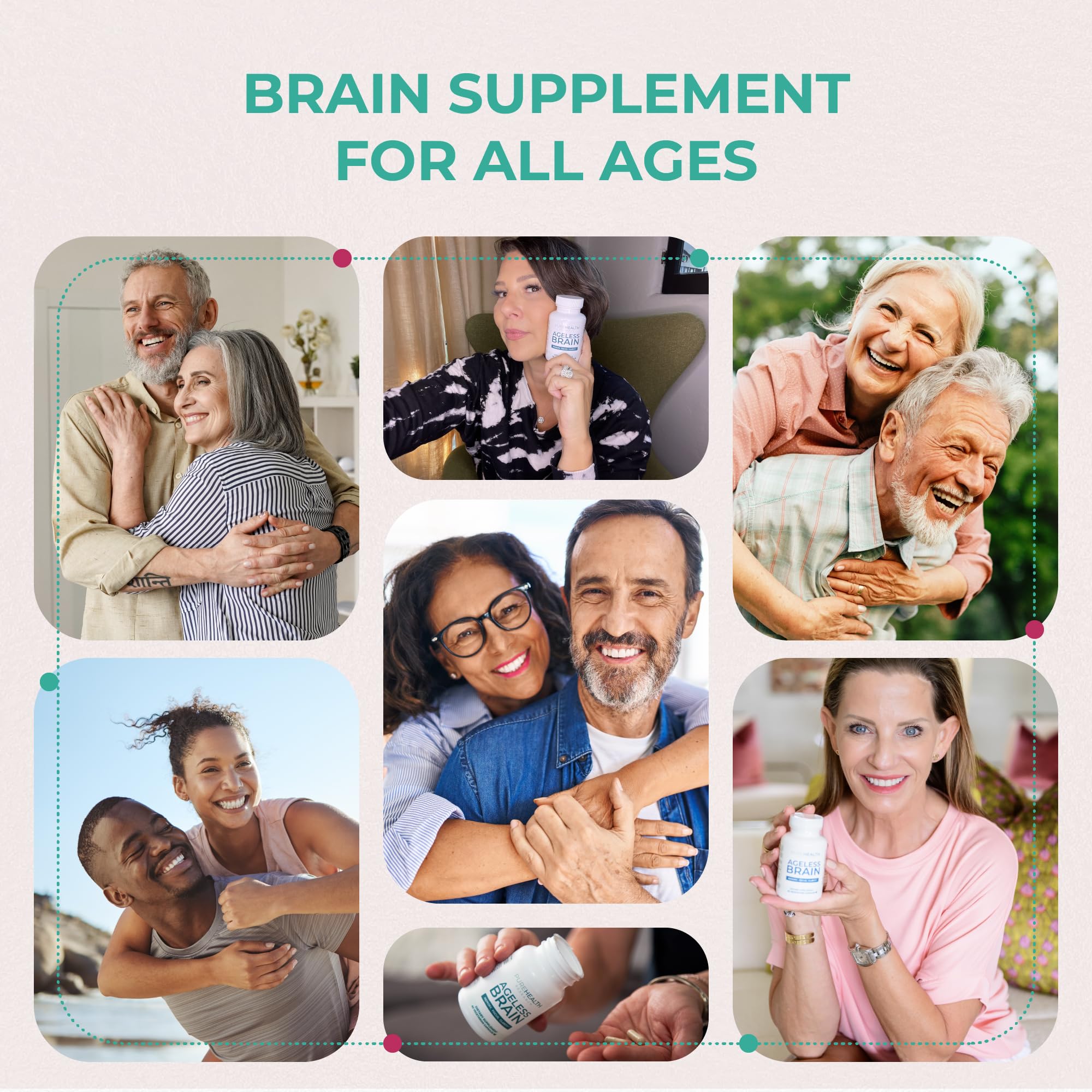 PUREHEALTH RESEARCH Ageless Brain Supplements for Memory and Focus - Nootropic Brain Health Supplement for Adults - with Bacopa Monieri, Alpha GPC, L-Tyrosine, Vitamin B6, Niacin & More, 60 Capsules PUREHEALTH RESEARCH uk supplements