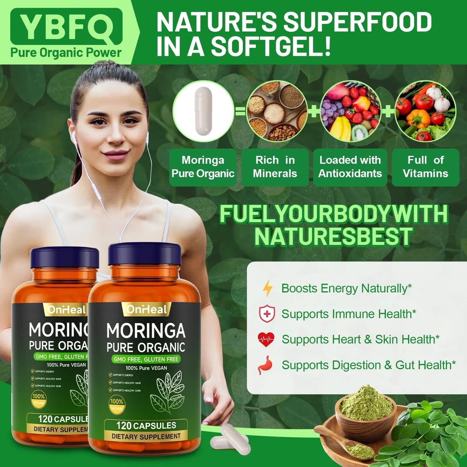 YBFQ Organic Moringa Capsules 1000 mg, 120 Count - Moringa Capsules with Organic Olefeira Powder, Supports Healthy Hair and Skin, Energy and Balance YBFQ uk supplements
