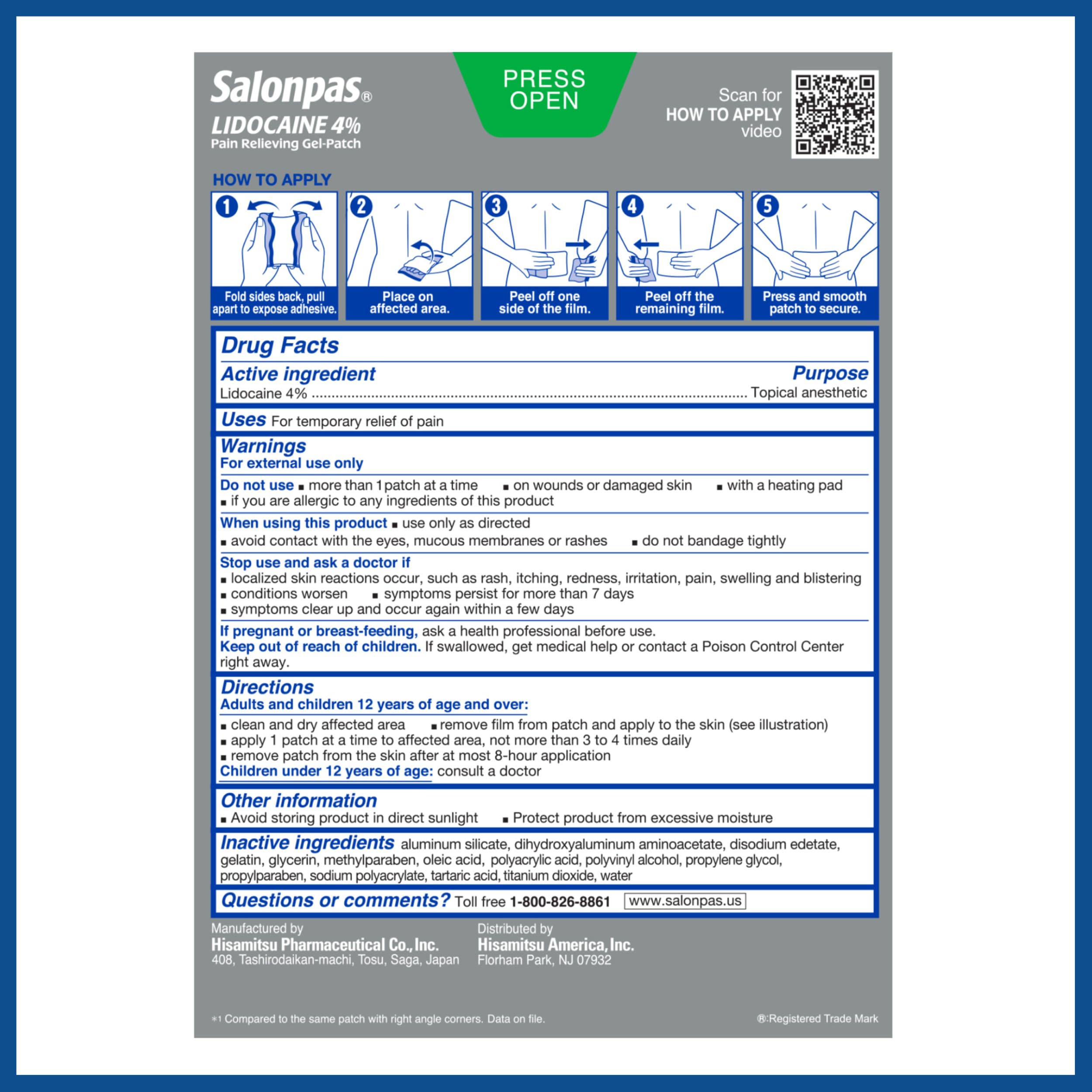 Salonpas Lidocaine 4% Pain Relieving Gel-Patch, 6 Count, for Back, Neck, Shoulder, Knee & Elbow Pain Salonpas uk supplements