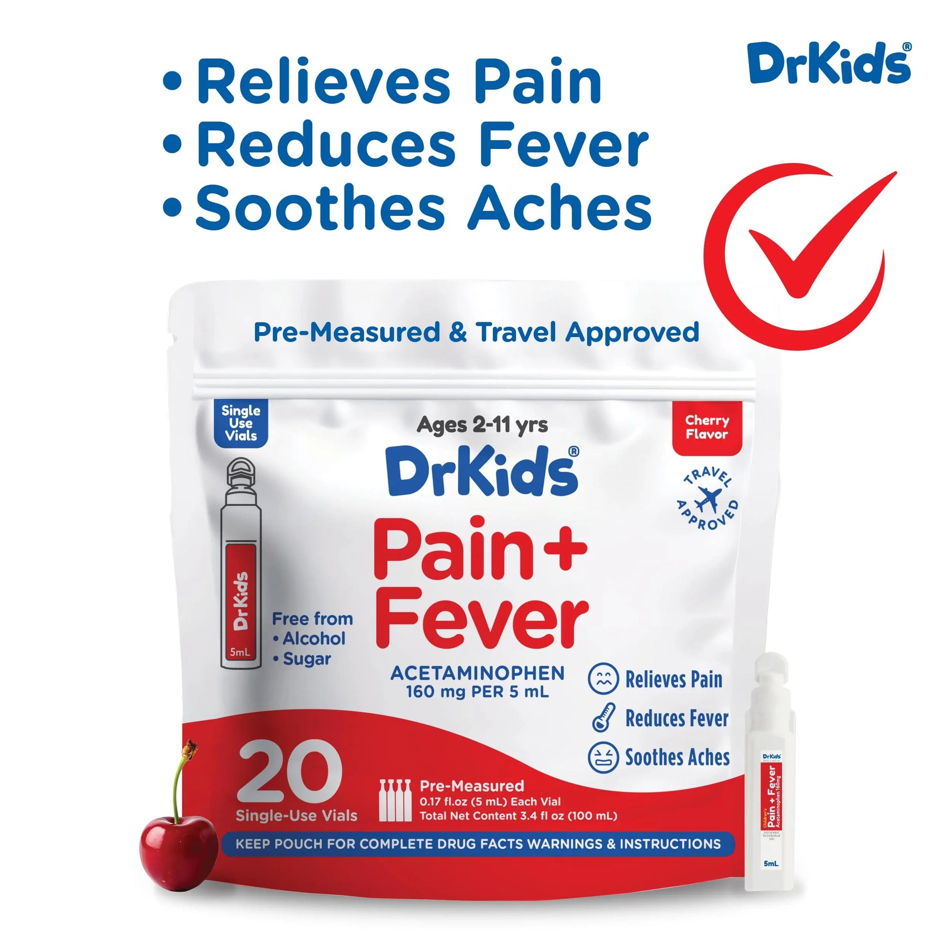 Dr. Kids Children’s Pain and Fever Medicine - Acetaminophen for Kids Ages 2-11, Pre-Measured Single-Use Vials for Headache, Sore Throat, Cold and Flu, Cherry Flavor, 20 Count Dr. Kids uk supplements