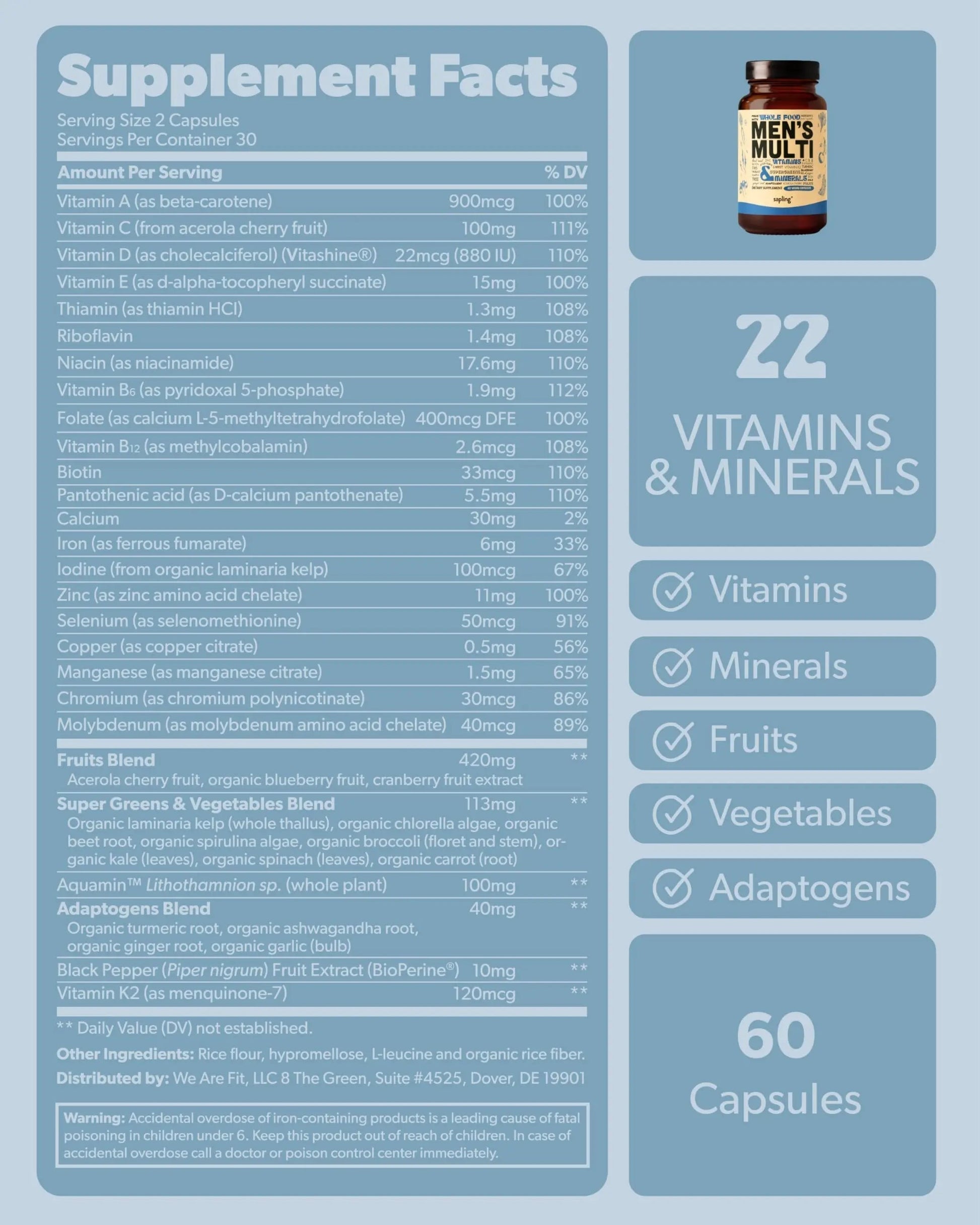 Multivitamin for Men - Daily Men’s Multivitamin - Methylated B Complex with Whole Food Ingredients, Vitamin B12, Folate sapling uk supplements