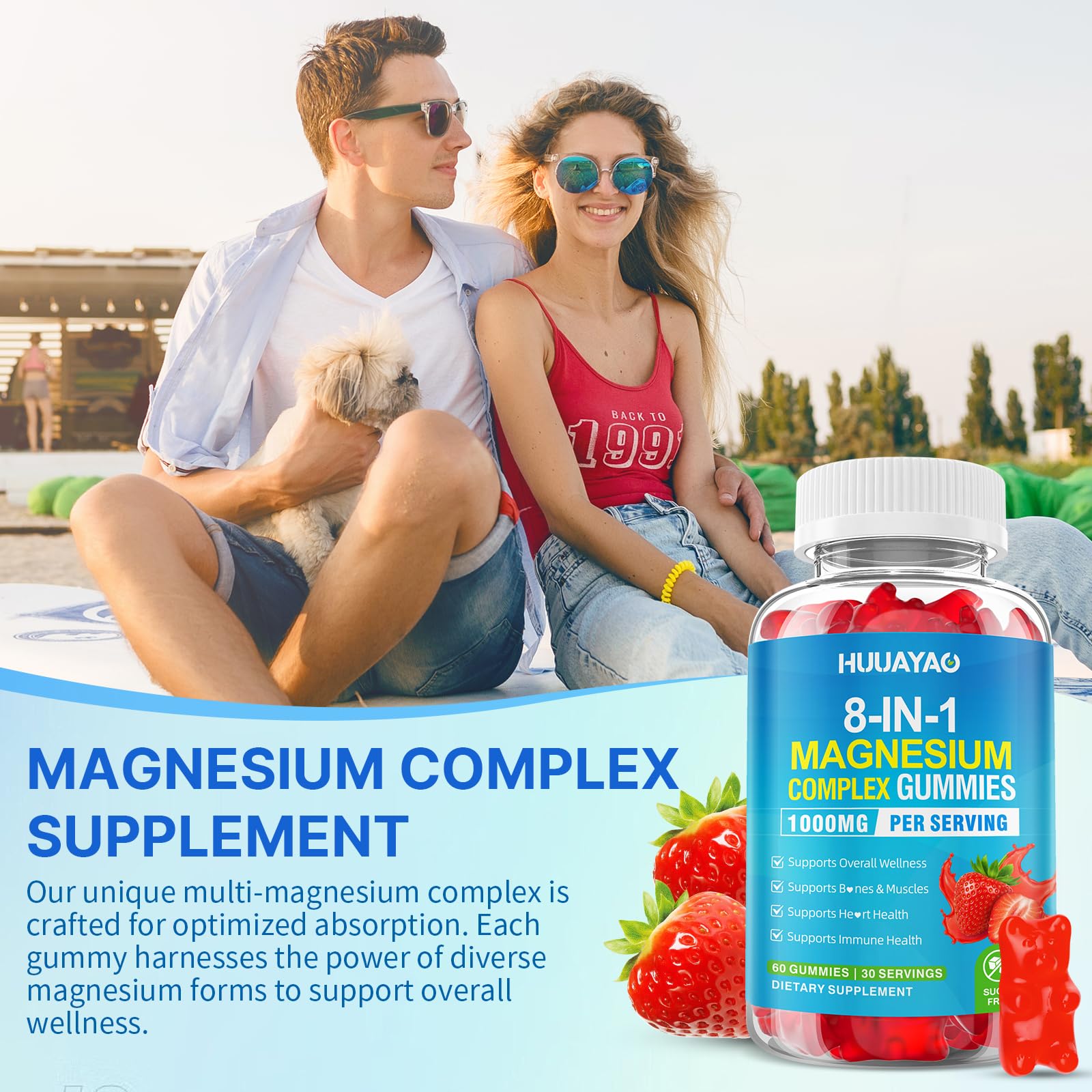 Magnesium Complex Gummies for Women Men 8 in 1, Magnesium Glycinate, Citrate, Malate, Taurate, Supports Bones, Muscle, Nerve Health, Sugar-Free, Vegan Non-GMO, Strawberry Flavor, 120 Count HUUAYAO uk supplements