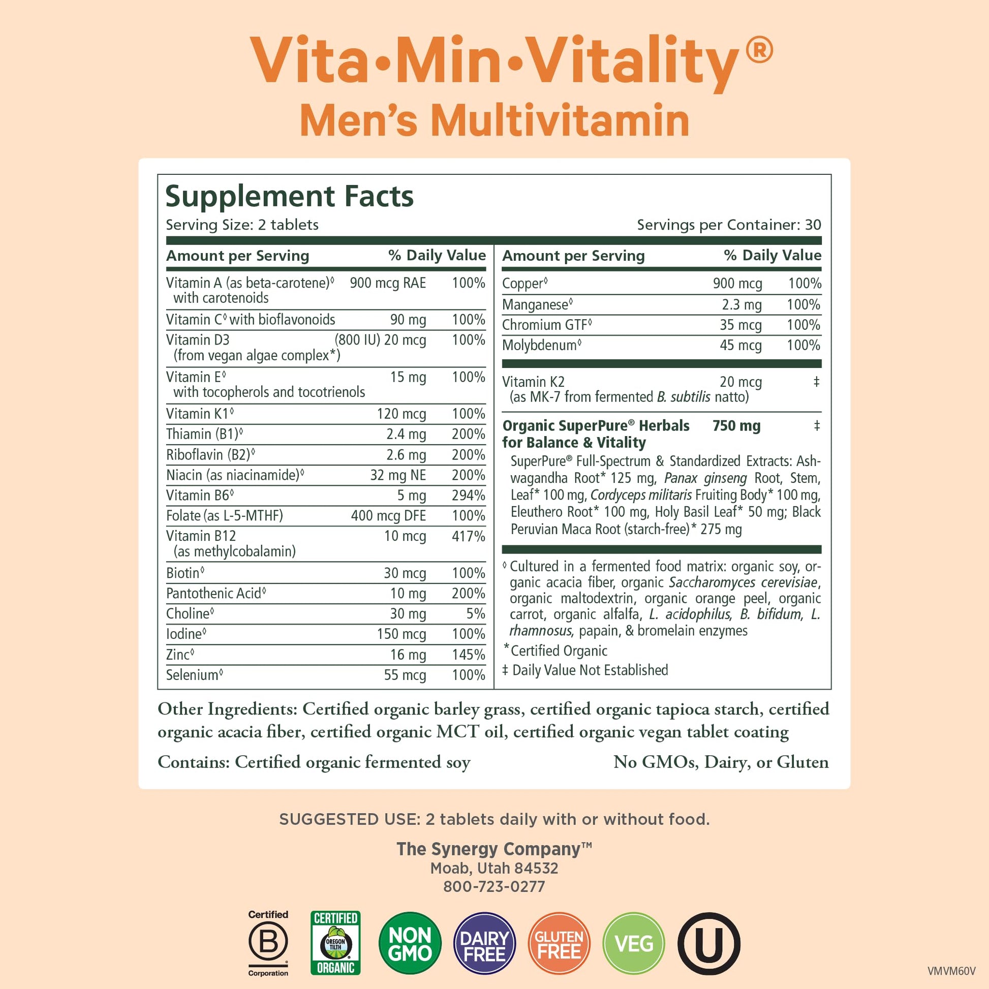 PURE SYNERGY Vita·Min·Vitality | Natural Multivitamin for Men | Men’s Daily Multivitamin Made with Organic Whole Foods | for Energy, Stress, and Immune Support (60 Tablets) PURE SYNERGY uk supplements