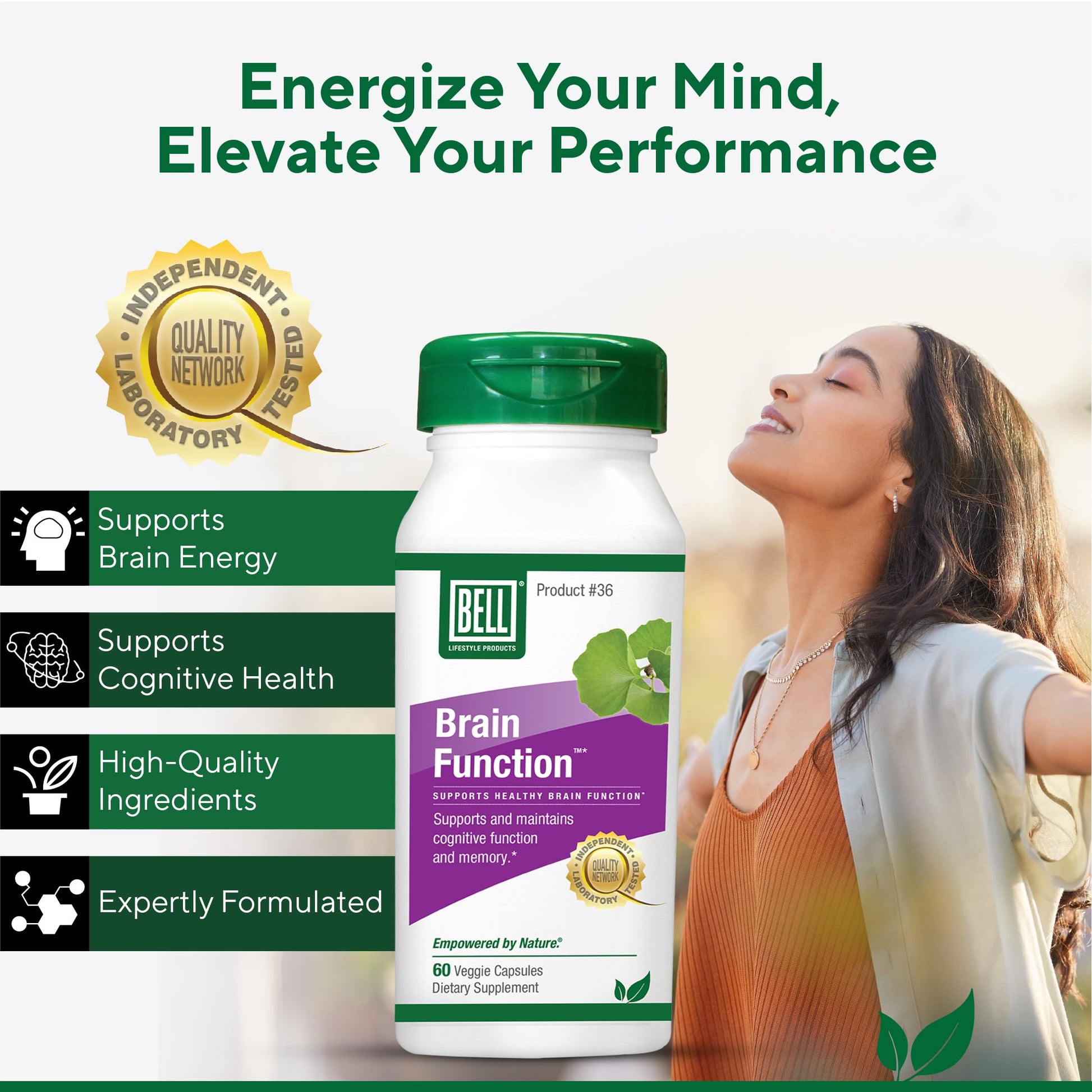 Bell Brain Function Lifestyle, Supports Cognitive Health with Ginkgo, Vitamin B12, Folate - 60 Vegetarian Capsules Bell uk supplements