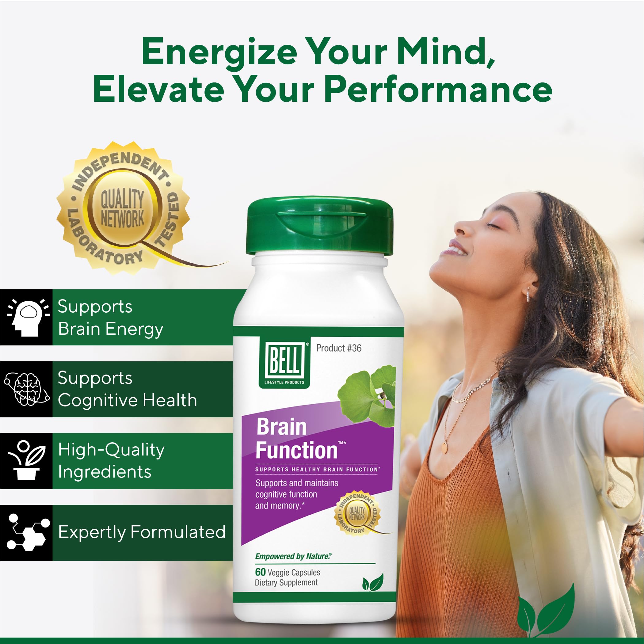 Bell Brain Function Lifestyle, Supports Cognitive Health with Ginkgo, Vitamin B12, Folate - 60 Vegetarian Capsules Bell uk supplements