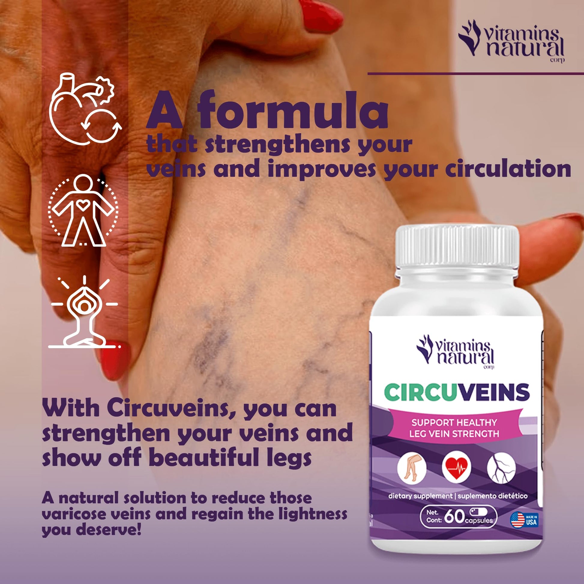 VITAMINS NATURAL CORP. CircuVeins Varicose Veins Support for Legs Capsules – Organic Vein Health Supplement with Horse Chestnut Grape Extract and Cayenne Pepper – 60 Capsules VITAMINS NATURAL CORP uk supplements