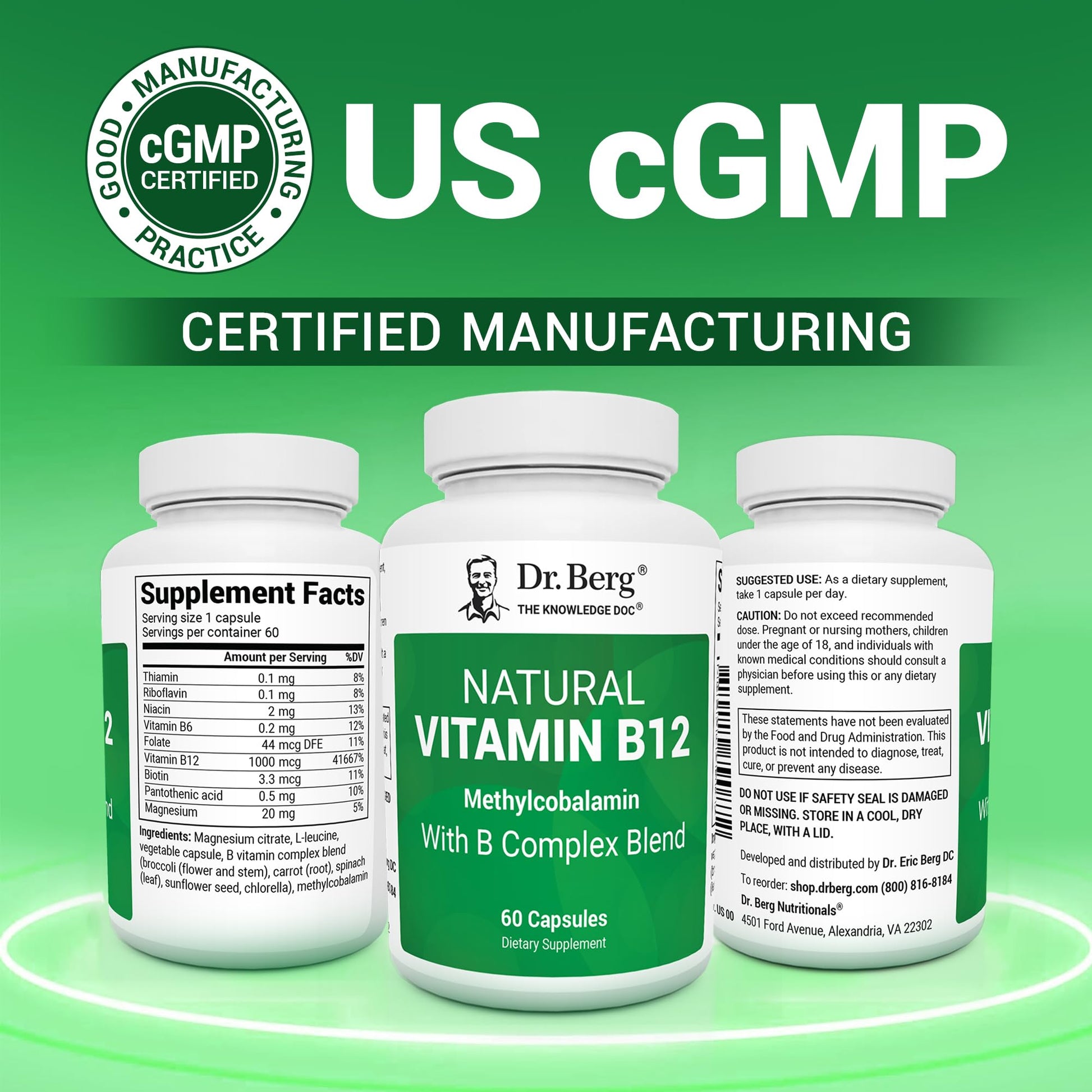 Dr. Berg Natural Vitamin B12 1000 mcg with B Complex Blend - Methylcobalamin B12 for Energy, Nerve Health, and Cognitive Function* - Methylated B12 with Folate - 60 Capsules (2-Month Supply) Dr. Berg Nutritionals uk supplements