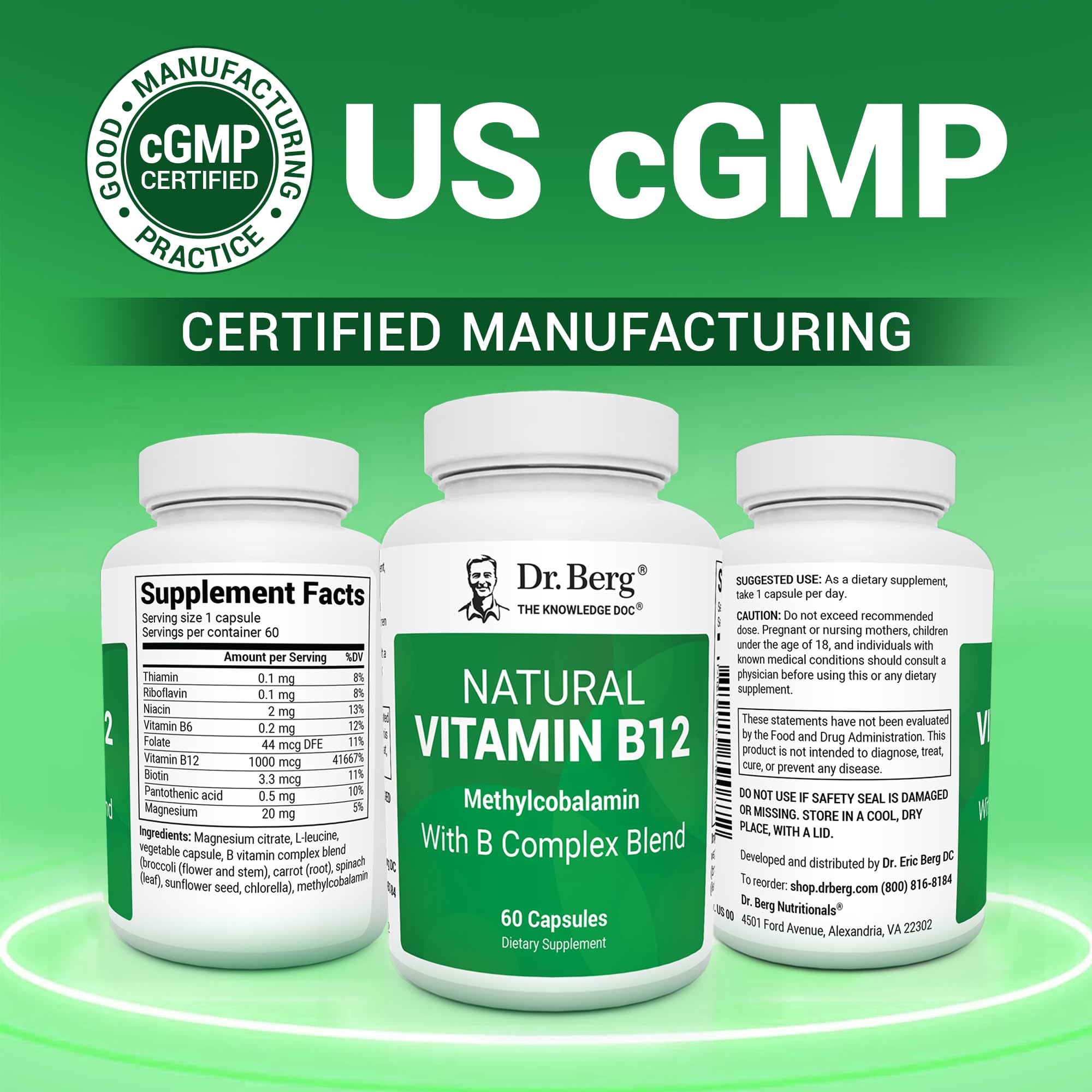 Dr. Berg Natural Vitamin B12 1000 mcg with B Complex Blend - Methylcobalamin B12 for Energy, Nerve Health, and Cognitive Function* - Methylated B12 with Folate - 60 Capsules (2-Month Supply) Dr. Berg Nutritionals uk supplements