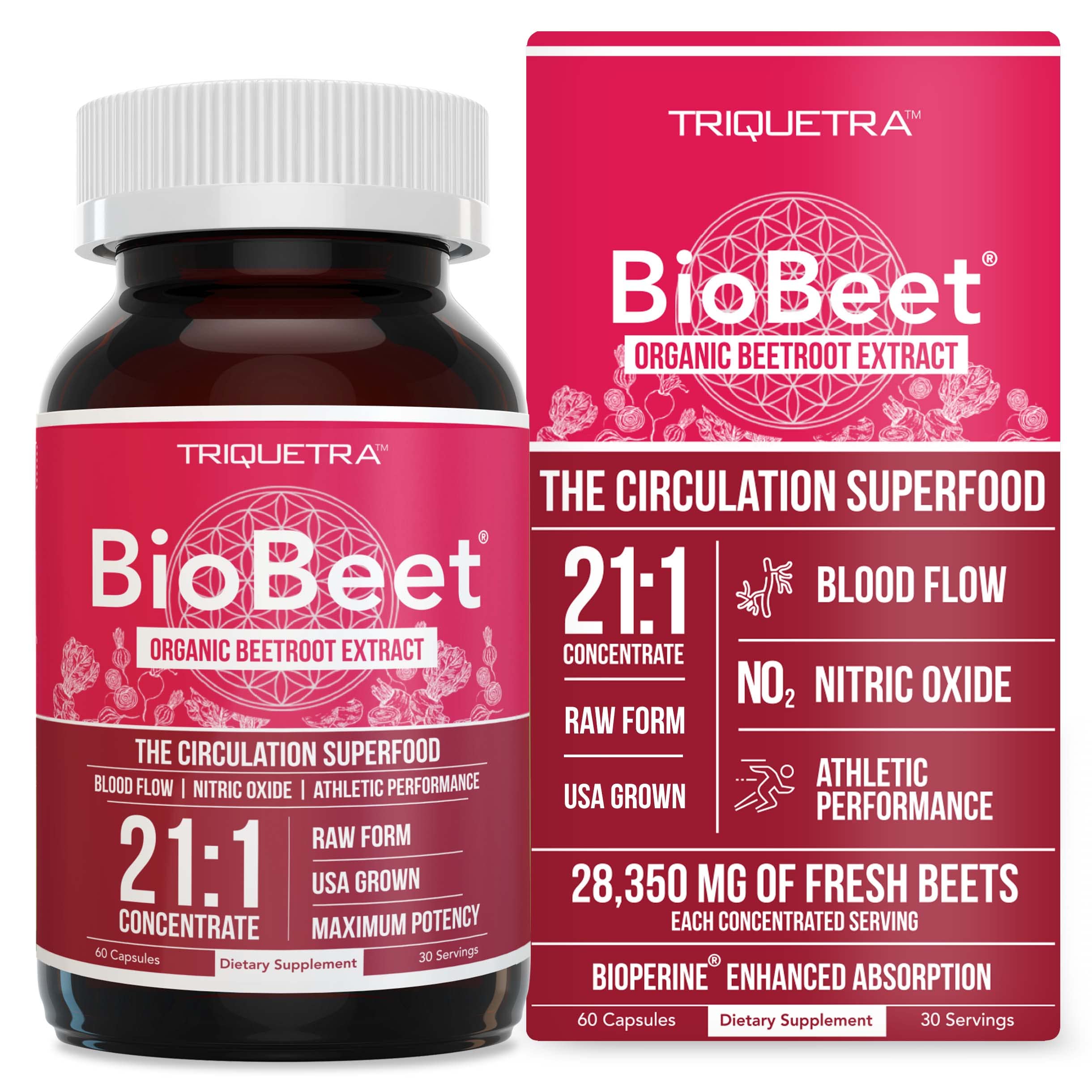 BioBeet Max Strength Beet Root Capsules - 21:1 Concentrate, Each Serving Derived from 28,350 mg Triquetra Health uk supplements