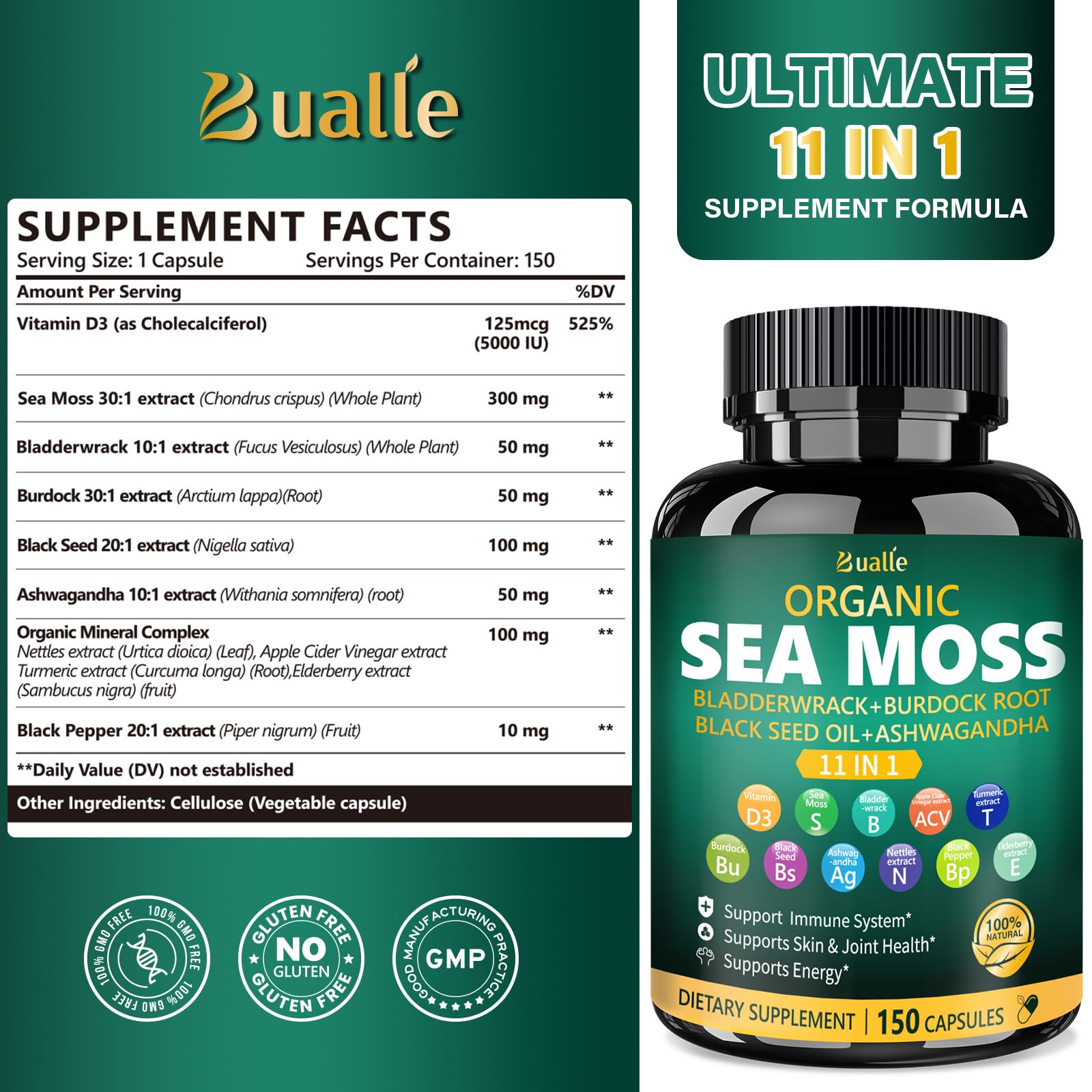 Bualle Irish Sea Moss Capsules – Organic Sea Moss, Black Seed Oil, Ashwagandha Supplements with Bladderwrack, Ginger & Burdock Root – Supports Daily Wellness, Skin & Energy – 150 Count (1 Pack) Bualle uk supplements